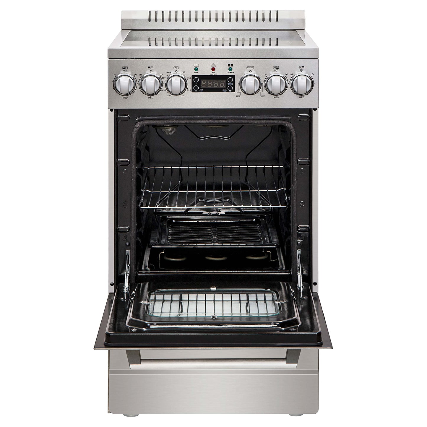 Avanti Electric Range Oven ELITE Series Compact Design, 2-Cu.Ft. Capacity with 4 Coil Burners, Framed Glass Oven Door, Storage Drawer and Broiler with Pan, 20-Inch, Stainless Steel