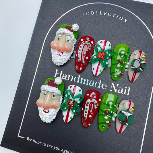 Christmas Press on Nails Medium Almond Handmade Nails with Glue,Green ＆ Red Fake Nails Cute 3D Santa Claus Designs Muti-Layer Gel Handmade Acrylic Full Cover Thick False Nails for Women (Size S)