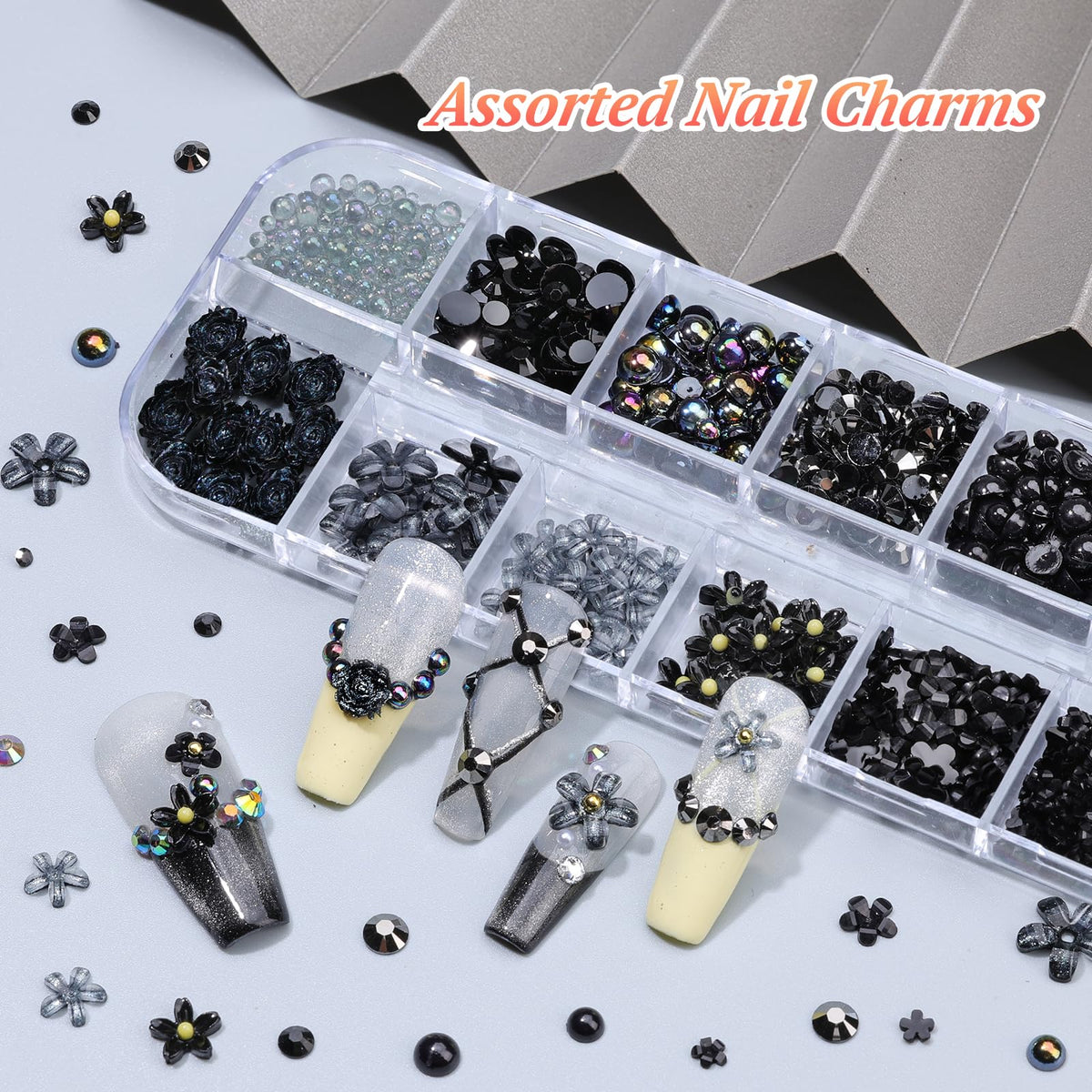 5 Boxes Black 3D Nail Charms Set, 24Pcs Y2k Alloy Nail Art Rhinestone Charms 3D Bow Flower Crown Heart Star with Tweezers and Dual-end Brush for Manicure Salon DIY Crafts,Face Makeup Gems Jewels