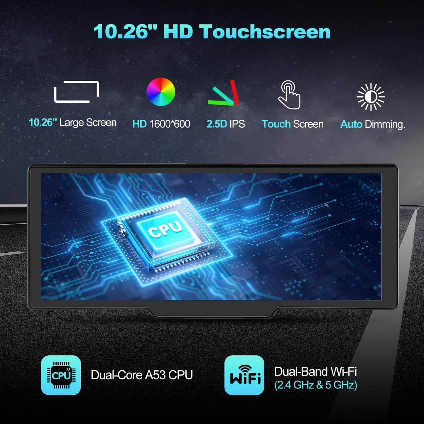 Portable Apple CarPlay Screen for Car, 10.26“ Wireless CarPlay & Android Auto Touch Screen Voice Control Navigation, 4K Dash Cam & 1080P Backup Camera DVR Recording Plug & Play for Car Truck