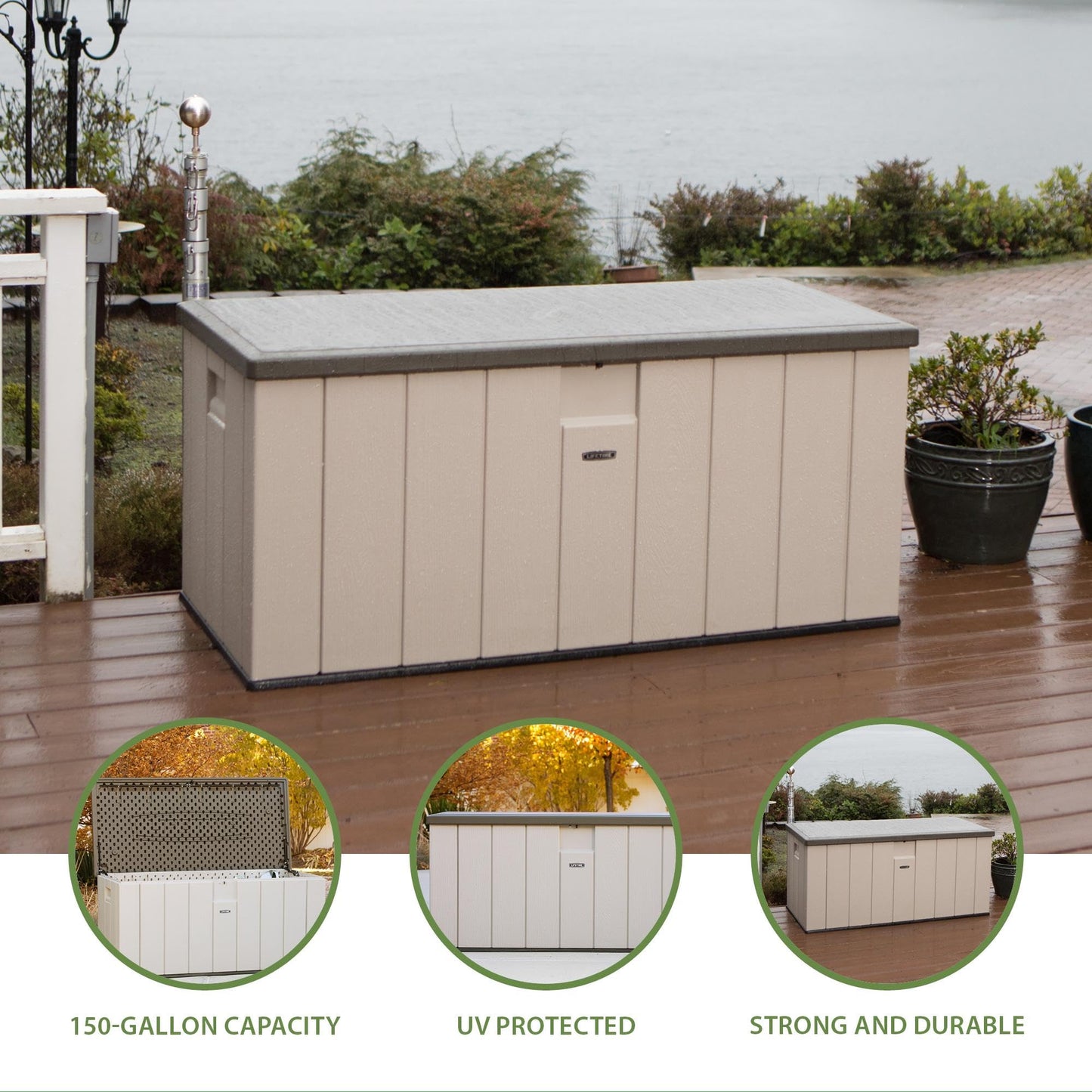 LIFETIME 60254 Heavy-Duty Outdoor Storage Deck Box, 150 Gallon, Desert Sand/Brown