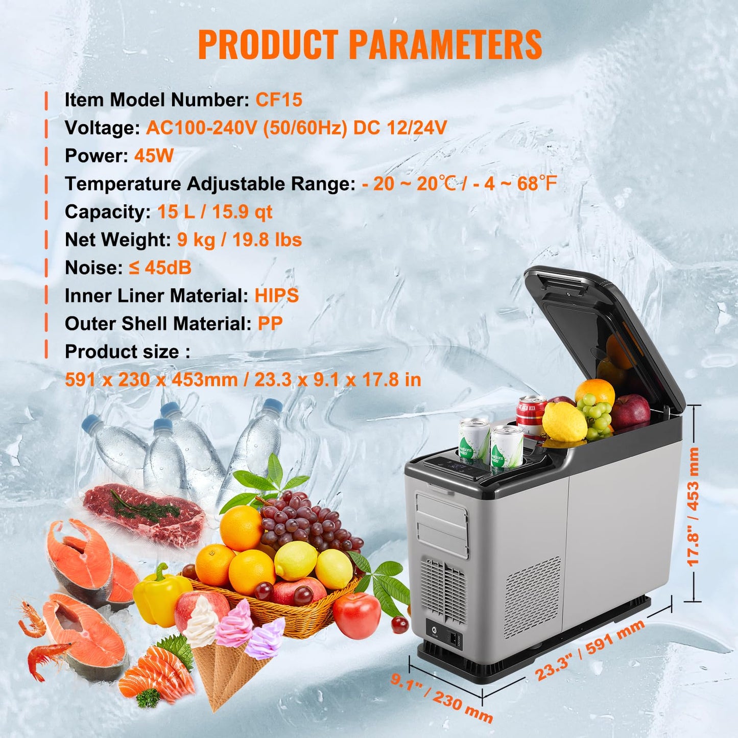 VEVOR Car Refrigerator, 12 Volt Car Armrest Refrigerator Fridge, 15 L Single Zone Portable Freezer, -4℉-68℉ Adjustable Range, 12/24V DC and 100-240V AC Compressor Cooler for Outdoor, Camping