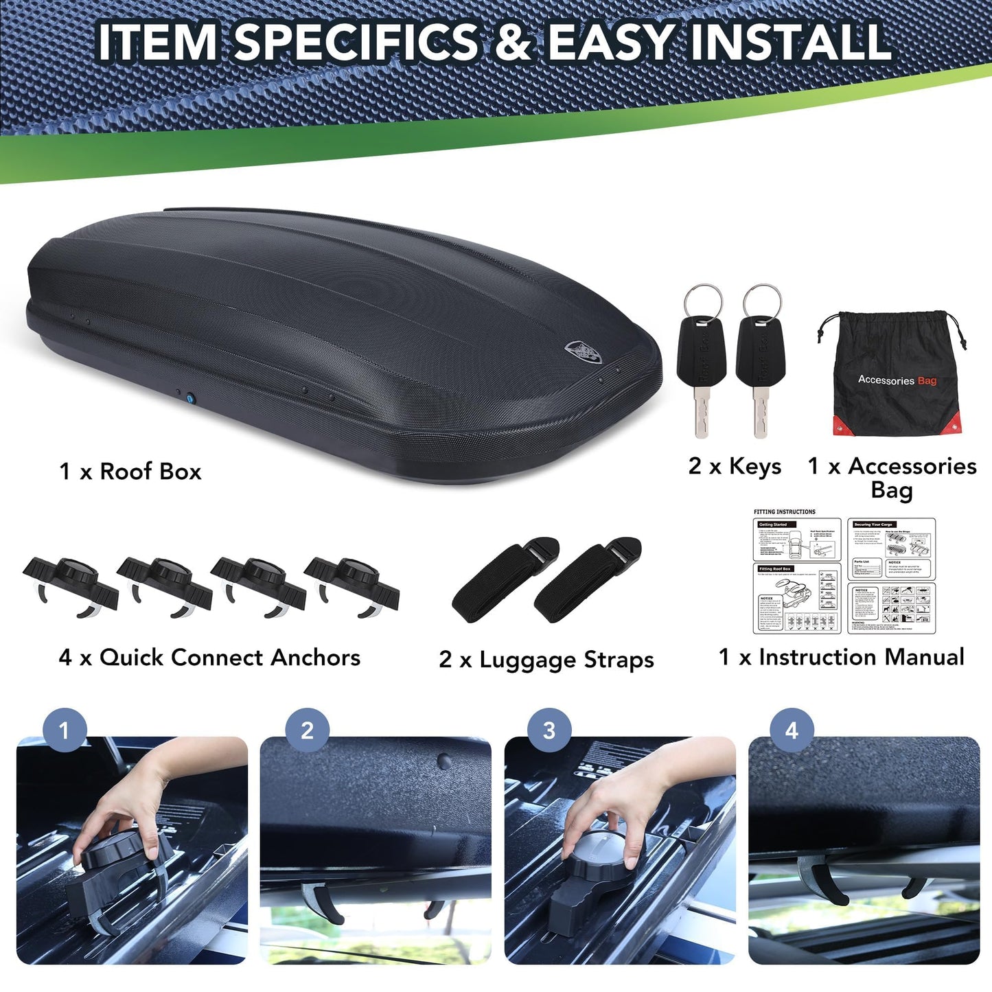 Dual-Side Opening Rooftop Cargo Box Carrier, Hard-Shell Roof Mount Luggage Storage with 165 lbs Capacity, Secure Straps and Keys, Black