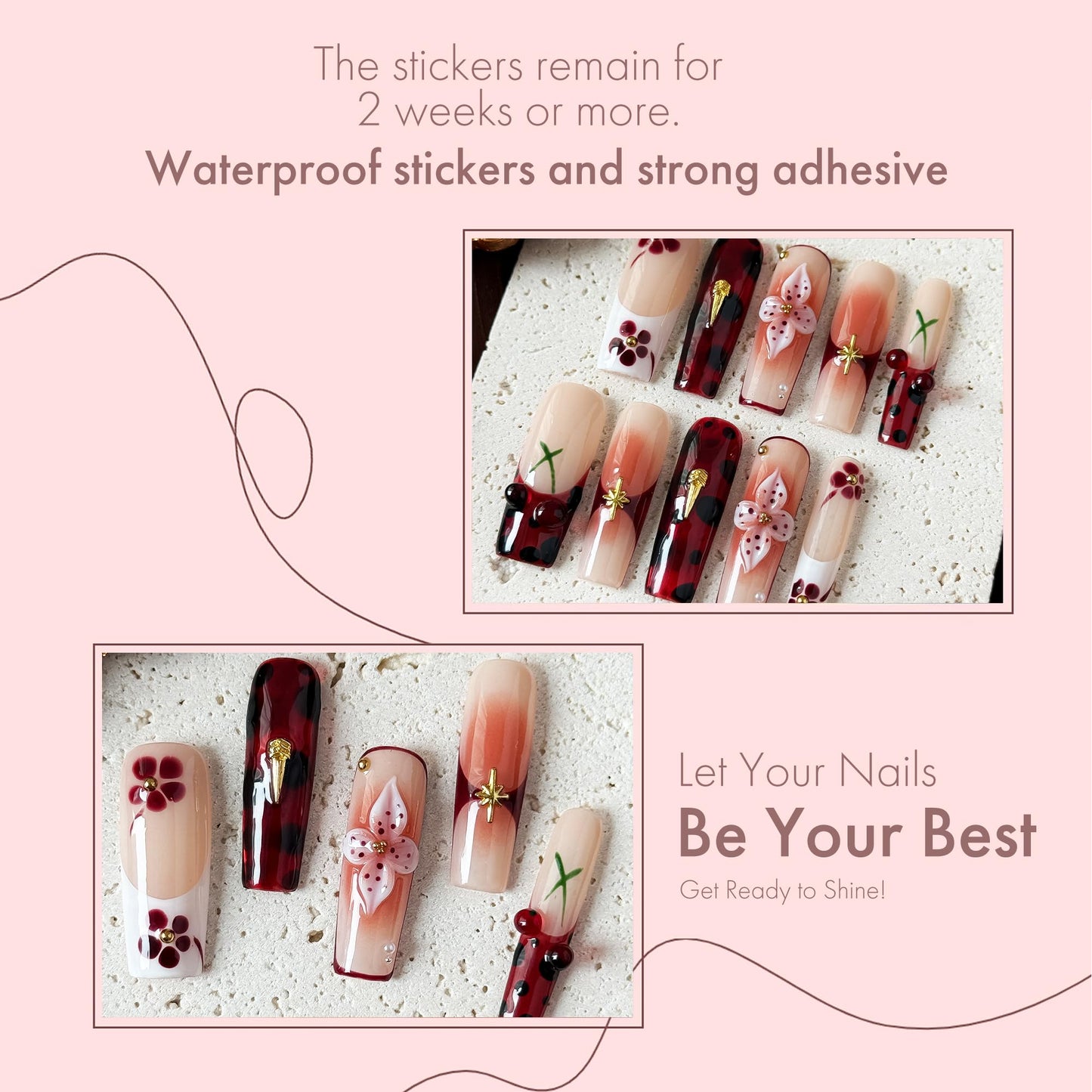 Rouge Sonata 10pcs Press On Nails for Women, Crimson Floral Golden Accent Acrylic UV Gel Wearable Nails, Korean Style Wine Red Gradient Cherry Blossom Fake Nails Set (Dark red, S)