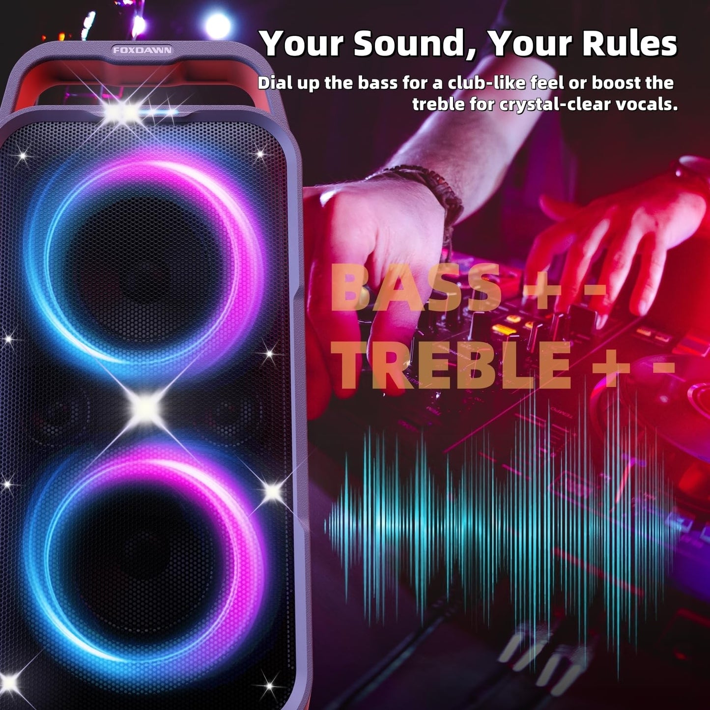 Foxdawn Portable Bluetooth Speaker: 240W Peak Powerful Loud Sound Deep Bass Wireless Boombox Large Subwoofer 15 Hours Battery Life Fast Charging with Led Light Show for Party Outdoor Camping Backyard