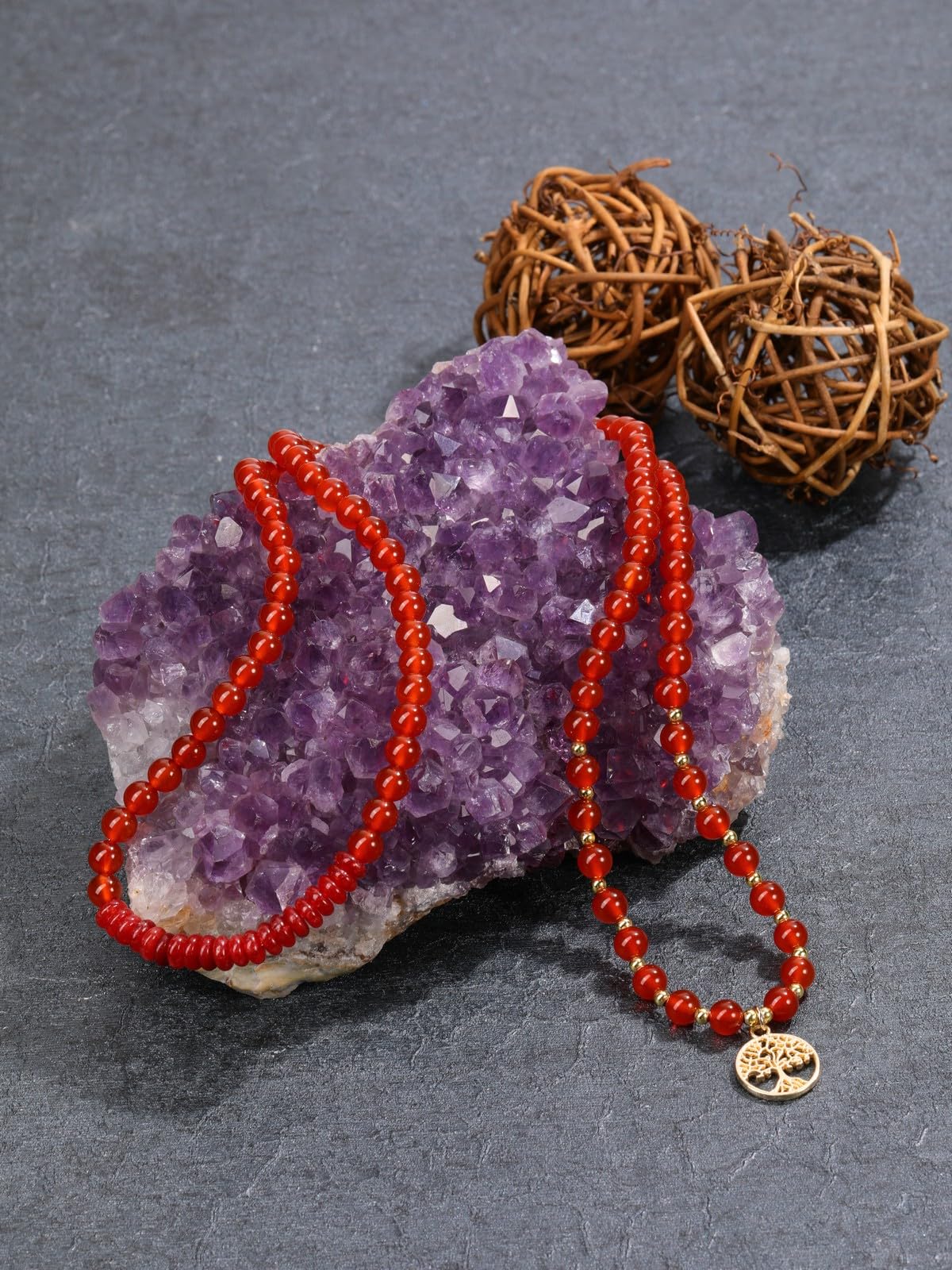 Jovivi 108 Mala Beads Bracelet Necklace, Natural Red Agate Healing Crystal Stones Prayer Beads Yoga Meditation Gemstone Necklace Gold Copper Tree Life Pendant