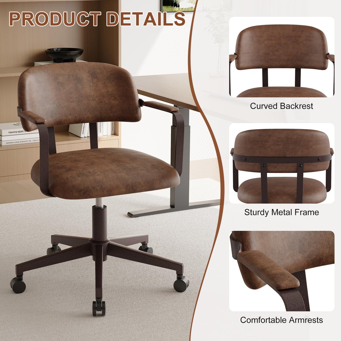 BFZ Mid Century Retro Home Office Desk Chair with Back, Faux Leather Adjustable Height Rolling Swivel Computer Task Armrests Chair for Home Office, Brown