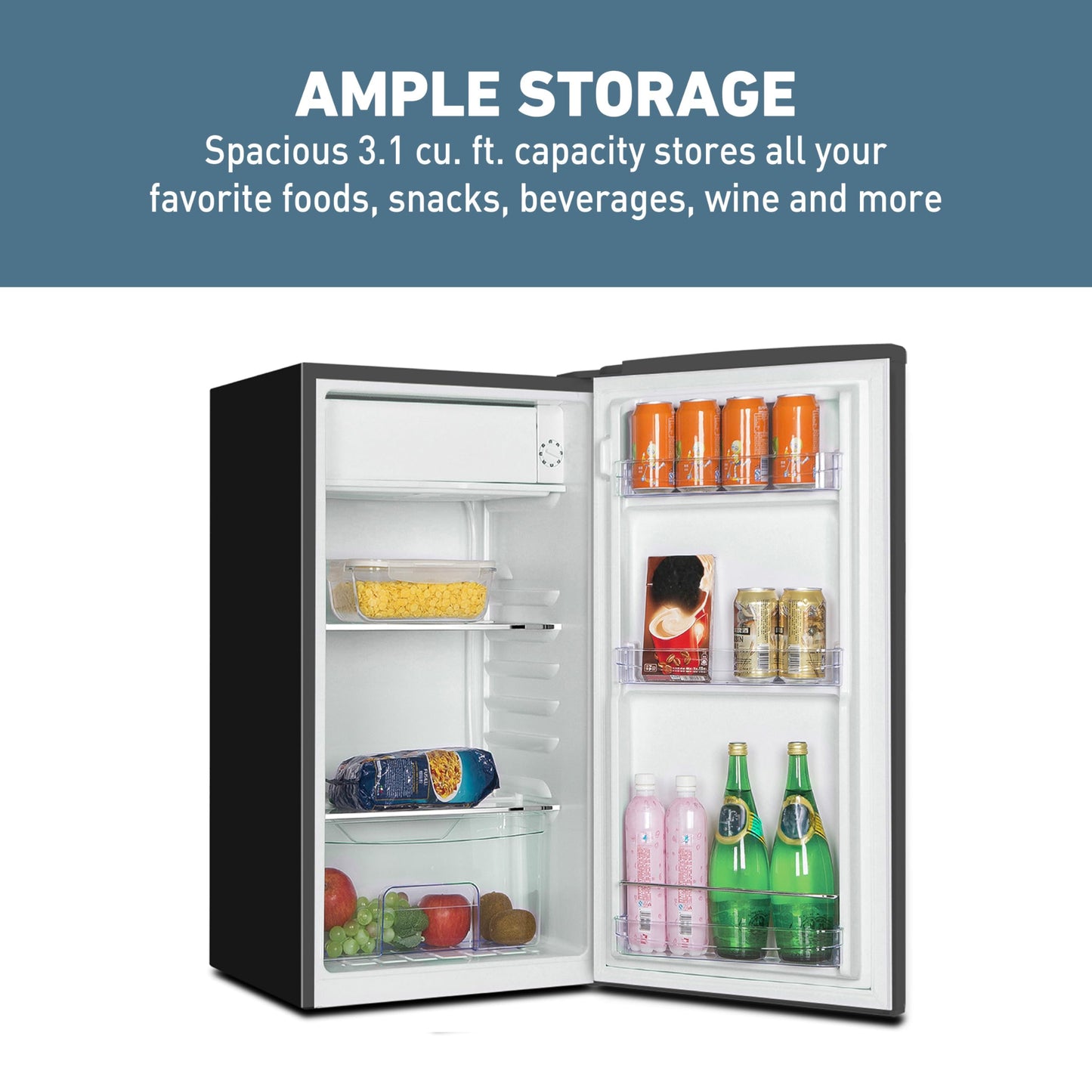 West Bend Mini Fridge for Bedroom, Office, Bar or College Dorm Room, Retro Compact Refrigerator features single door, removable glass shelves and adjustable temperature control, 3.0-Cu.Ft., Black