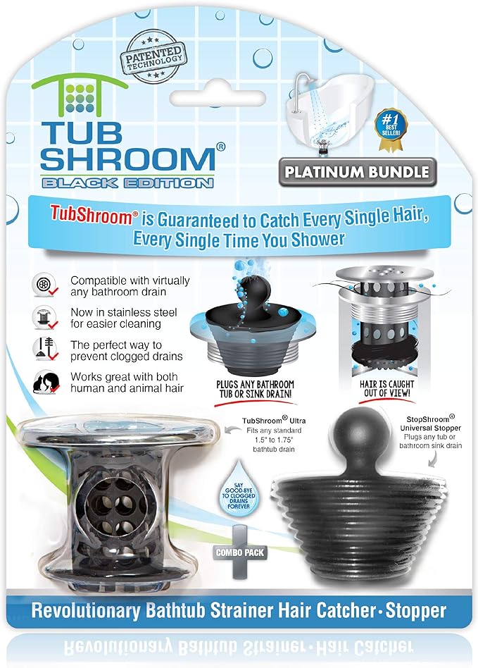 TubShroom Tub Drain Hair Catcher Combo Pack with Silicone Stopper, Black Chrome â Protector and for Bathroom Drains, fits any standard bathtub drain measuring 1.4â to 1.8â wide
