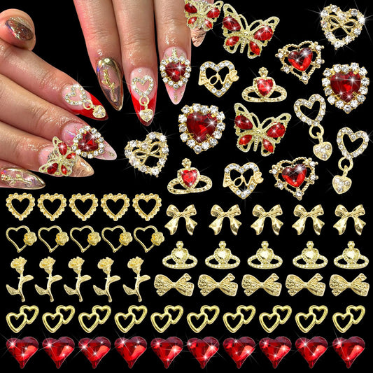 RODAKY 64PCS Red Heart Nail Charms Valentine's Day Nail Jewelry Crystal Butterfly Heart Gems for Nails Art Gold Bow Rose Flower Nail Decoration for Women Manicure Vday