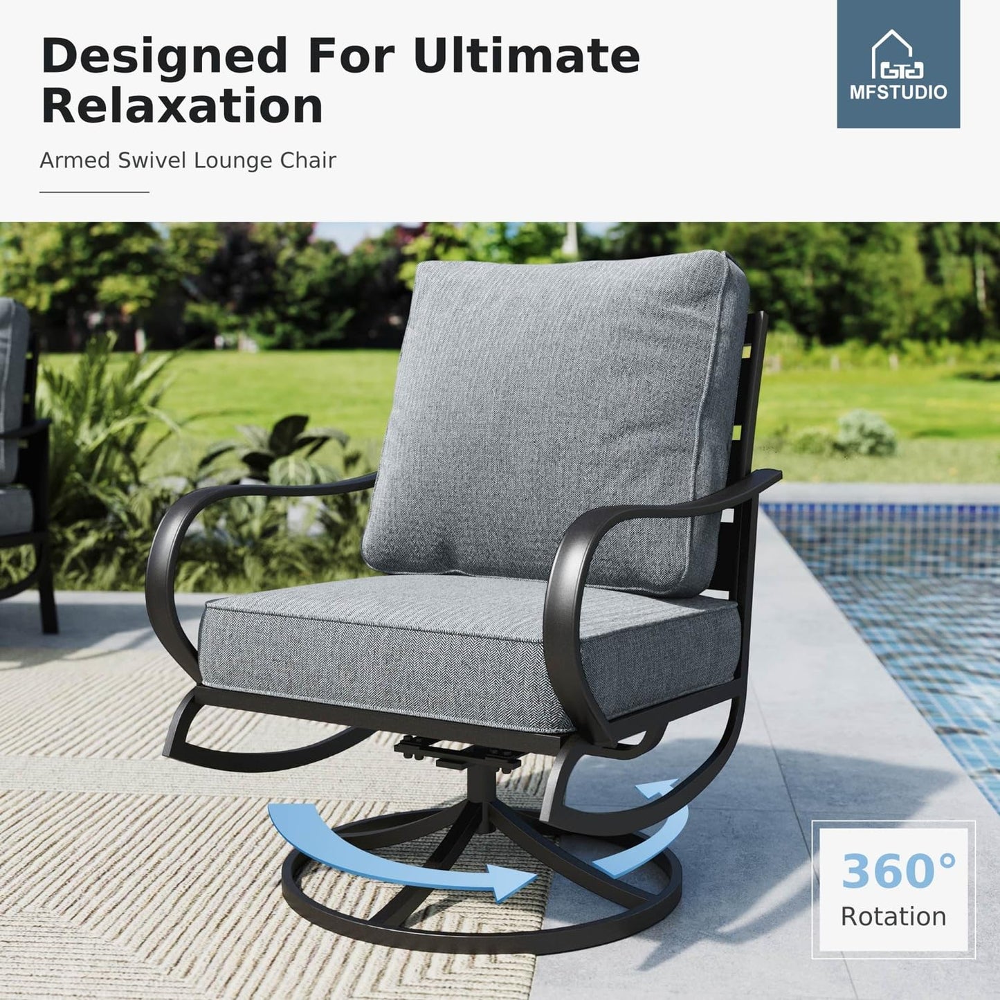 MFSTUDIO Patio Furniture Sets with 45" Gas Fire Pit Table, 8 Pieces Outdoor Metal Conversation Set with 1 x 3-Seat Sofa, 2 Single Chairs, 2 Swivel Chairs and 2 Ottomans, Grey Cushion