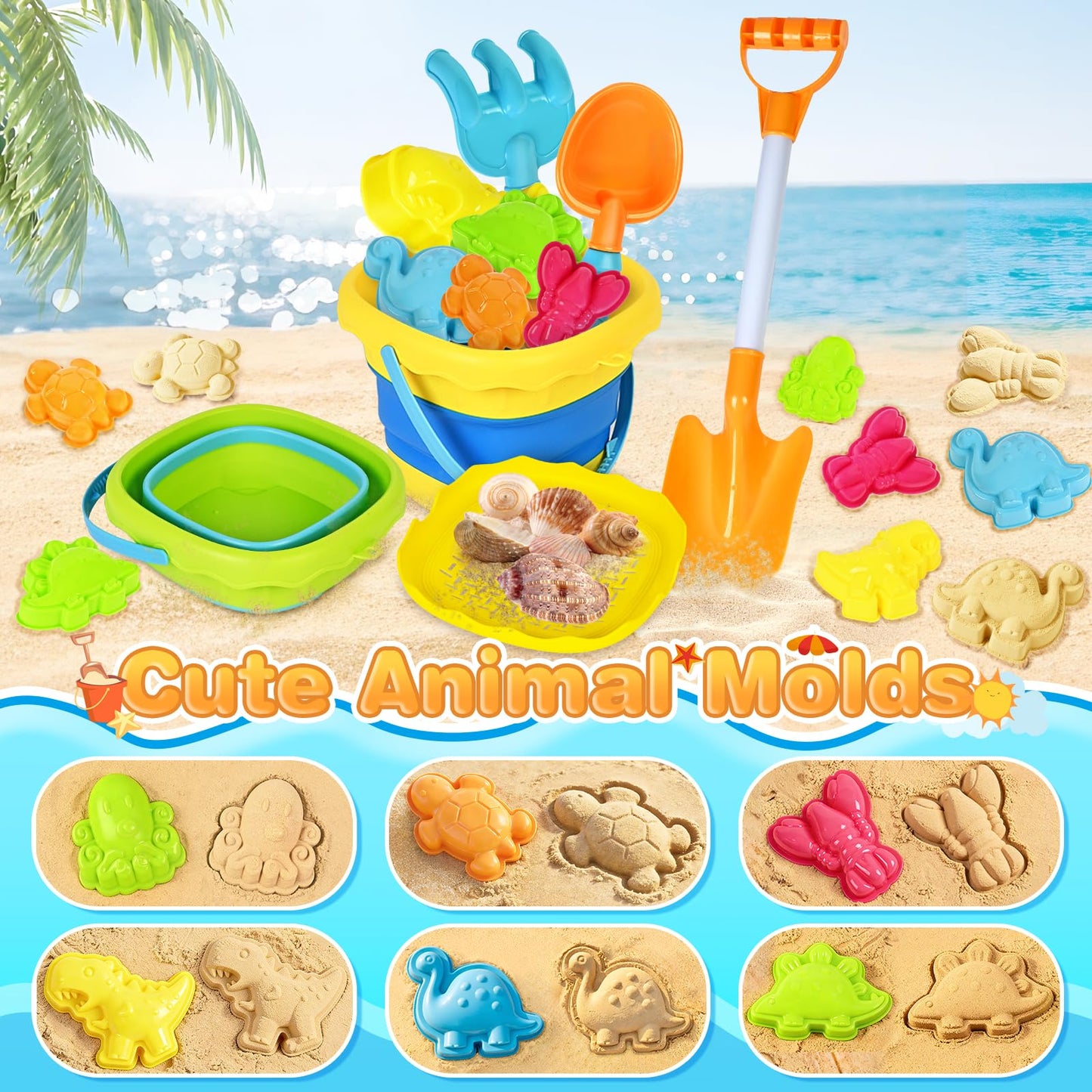 SpringFlower Beach Sand Toys for Kids, Sand Toys with 2 Collapsible Beach Bucket with Sifter Shovels Set with Mesh Bag and 6 Sand Molds, Foldable Beach Travel Beach Sandbox Toys, 11 PCS