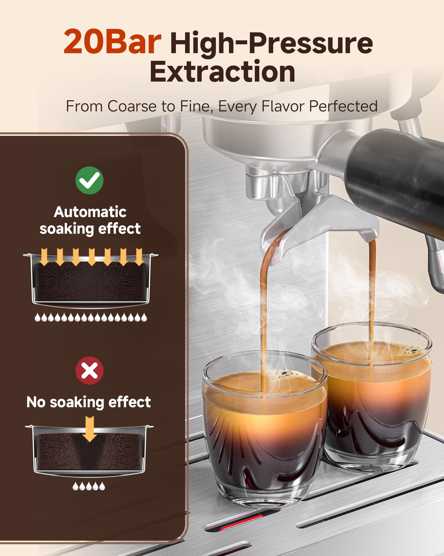 AMZCHEF Espresso Machine With Grinder, 190℉-201℉ Temp Control Coffee machine with 44 Grind Setting, Milk Frother, Touch Screen, Cold Brew, Sliver