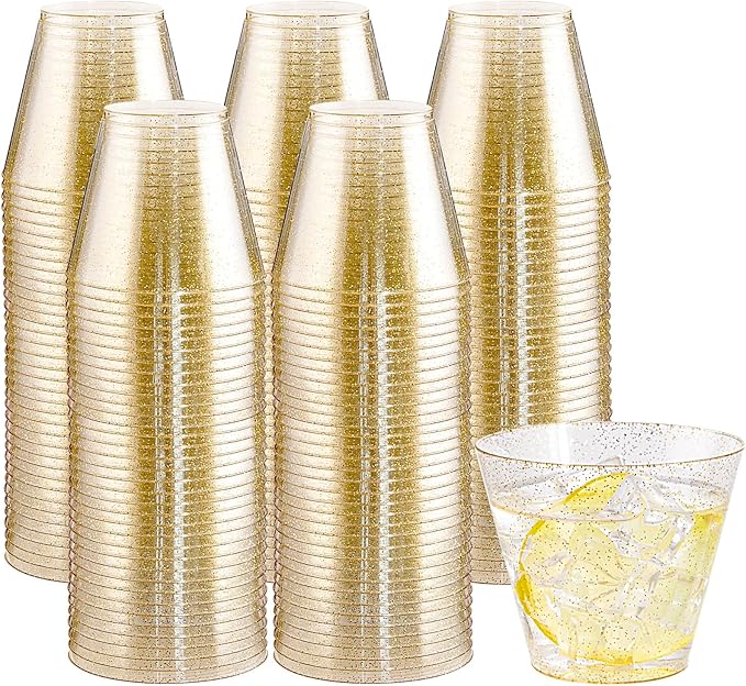 Hioasis 200Pcs 9OZ Gold Glitter Plastic Cups - Gold Plastic Cups, Heavy Duty & BPA-free for Party, Wedding, Celebrations