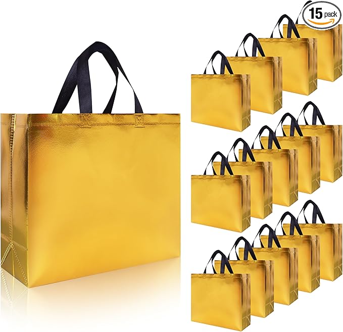 cabzymx 15 Pcs Glossy Yellow Gold Reusable Gift Bags Bulk, 12.6 x 4.7 x 11 In Holiday Party Bags with Handles & Sturdy Bases, Ideal Goodie Bag for Birthday, Wedding, Xmas, Thanksgiving