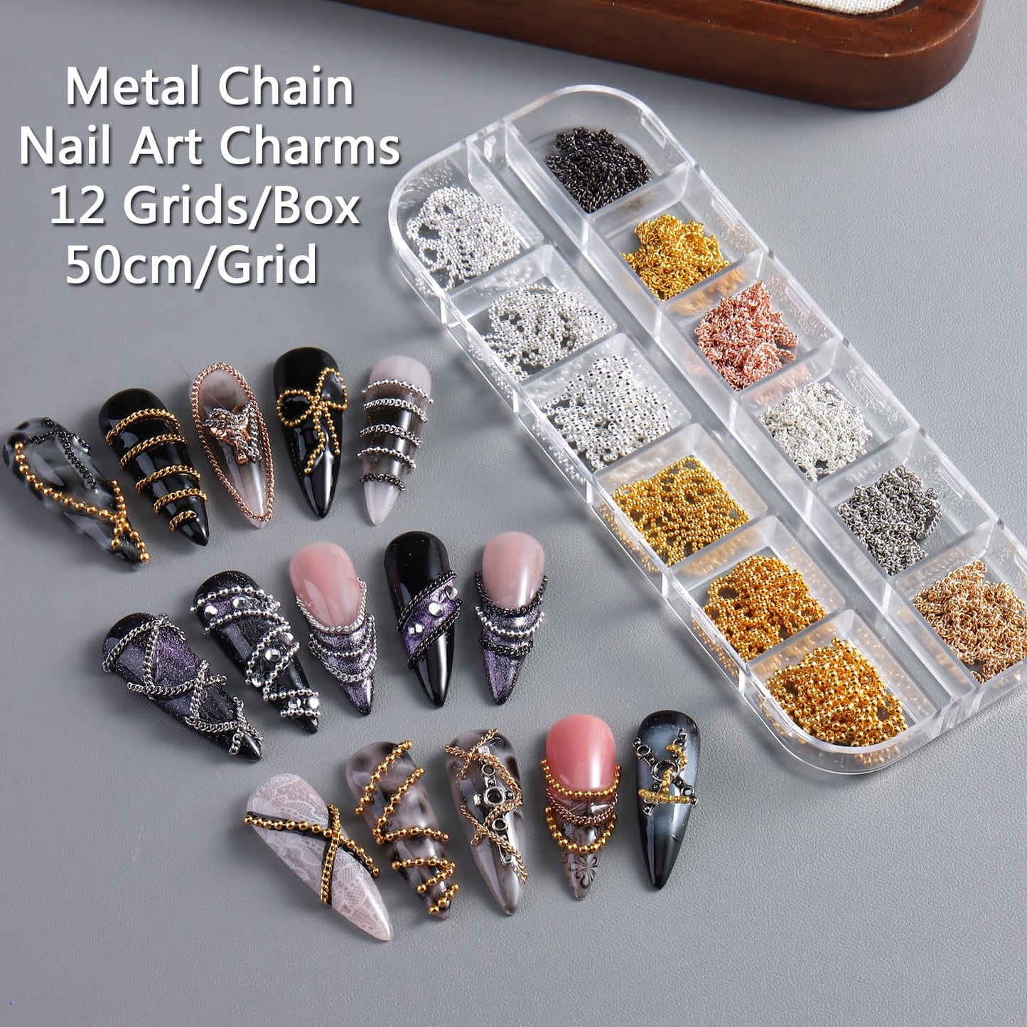 12 Strips Metal Chain Nail Art Charms, 3D Gold Silver Dark Gray Nail Chains Punk Alloy Nail Rivets Jewelry for Women Gothic Manicure Accessories DIY Crafts Decorations