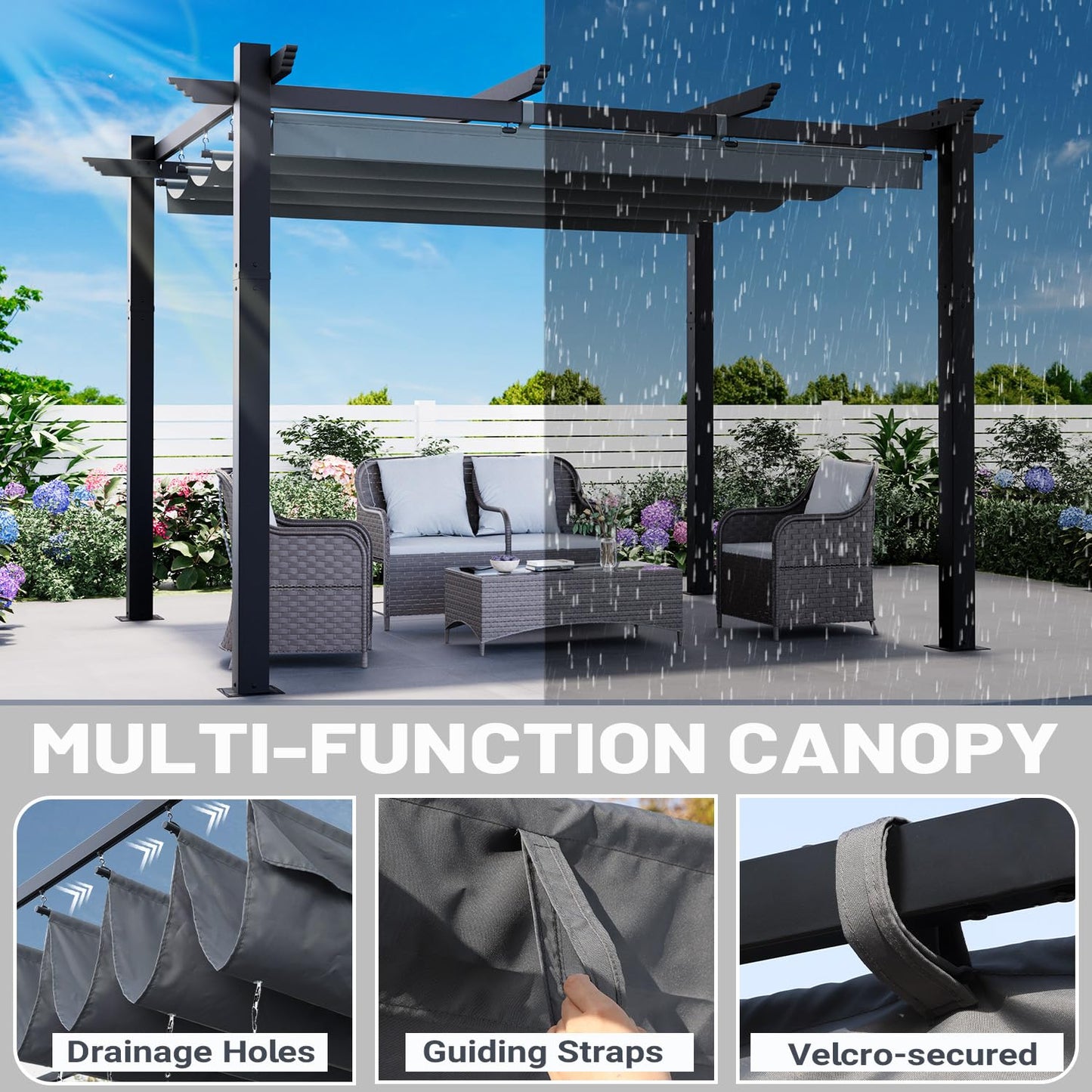 MELLCOM Retractable Pergola 10x12 Ft, Metal Shelter with Upgraded Sun Shade Canopy, Reinforced Frame Outdoor Pergola with Dual Adjustable Roof for Patio Garden Deck (Gray)