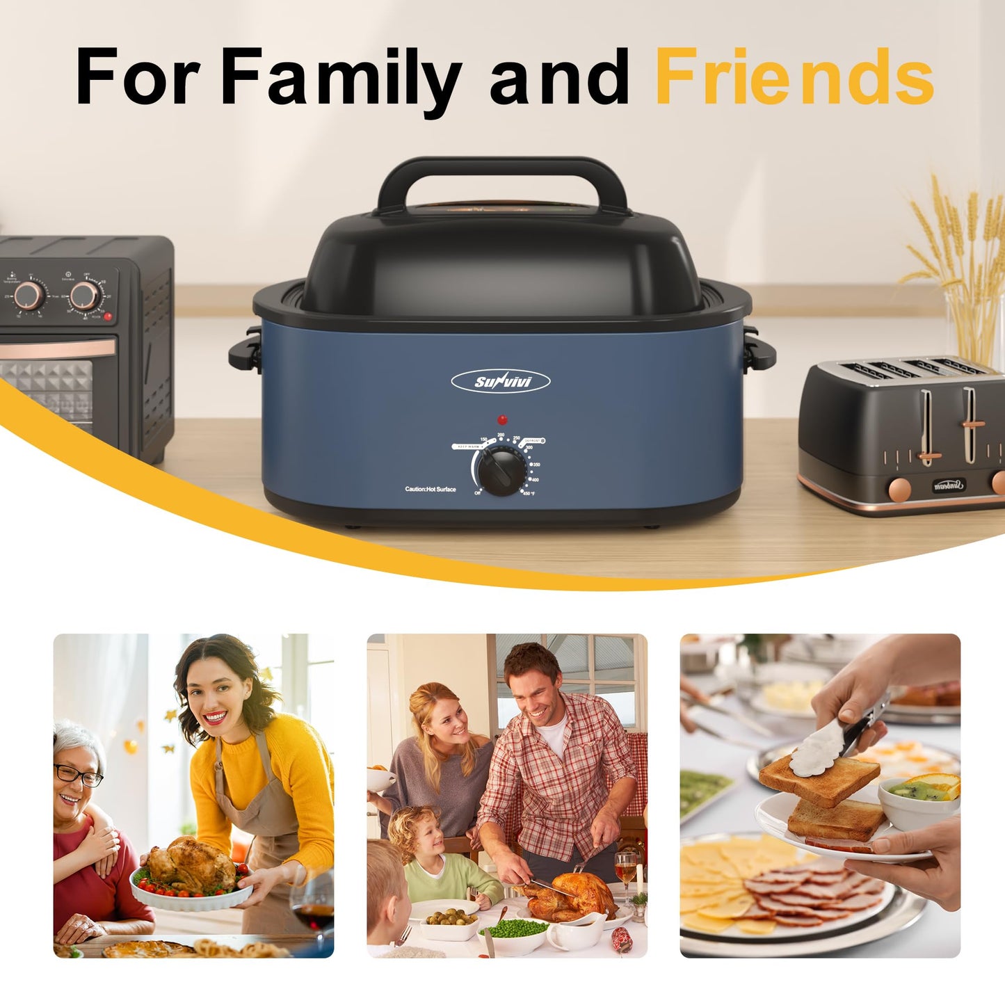 Sunvivi Roaster Oven, Electric Roaster Oven with Viewing Lid, 30lb 26-Quart Turkey Roaster with Unique Defrost/Warm Function, Large Roaster with Removable Pan & Rack, Stainless Steel, Blue
