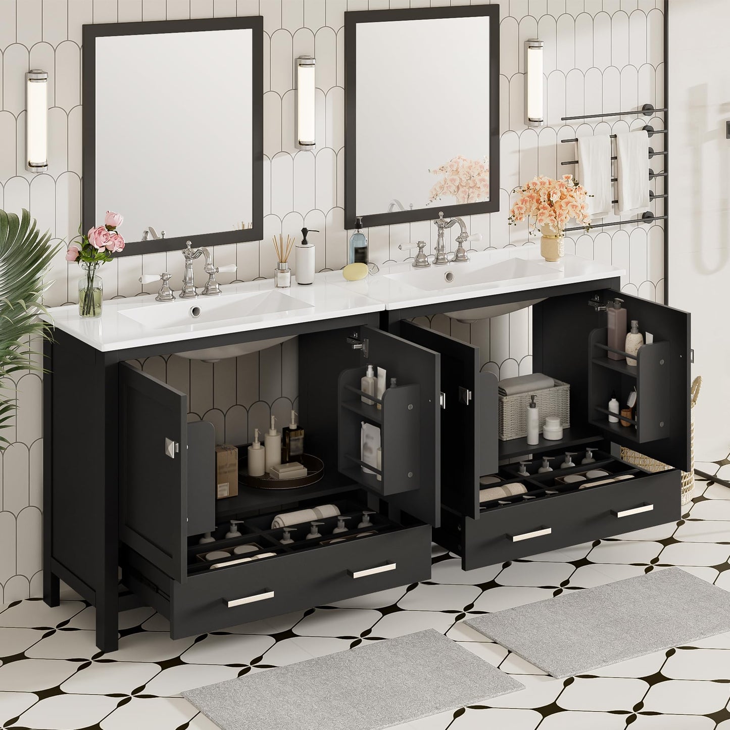 Merax 72 Inch Black Bathroom Vanity with Double Sinks, Modern Freestanding Cabinet with Soft Close Doors, Ample Storage (Divided Drawer, Shelves), Ceramic Sinks & Overflow (2 Separate Units), Black