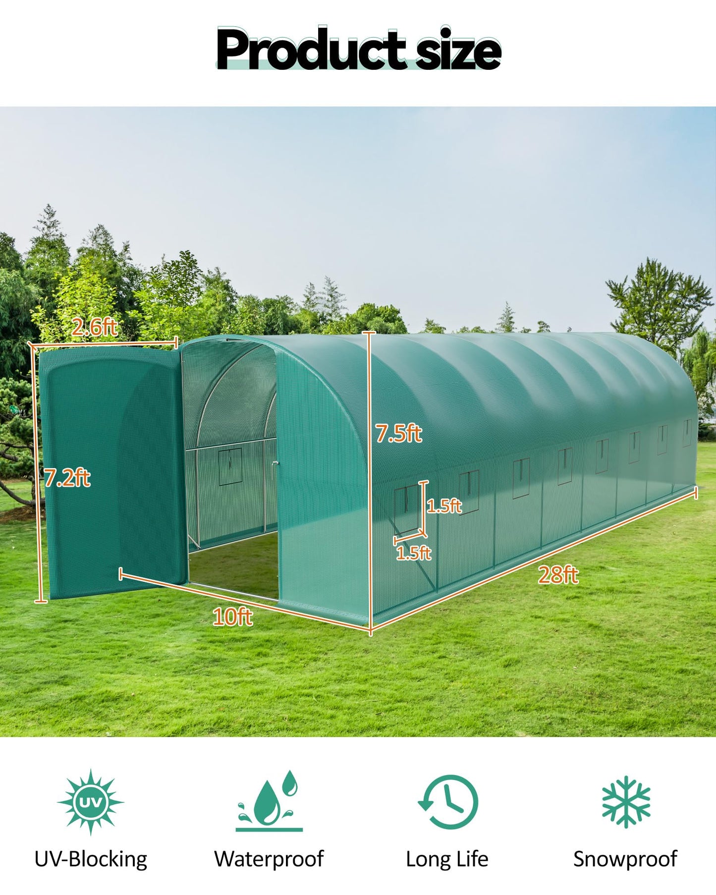 Large 27x10x7 ft Outdoor Walk-in Greenhouse with 16 Mesh Windows & Swing Door, 325x120 in Heavy-Duty Galvanized Steel Frame and Thick PE Cover for Full Protection, Green Garden Plant House for Backy