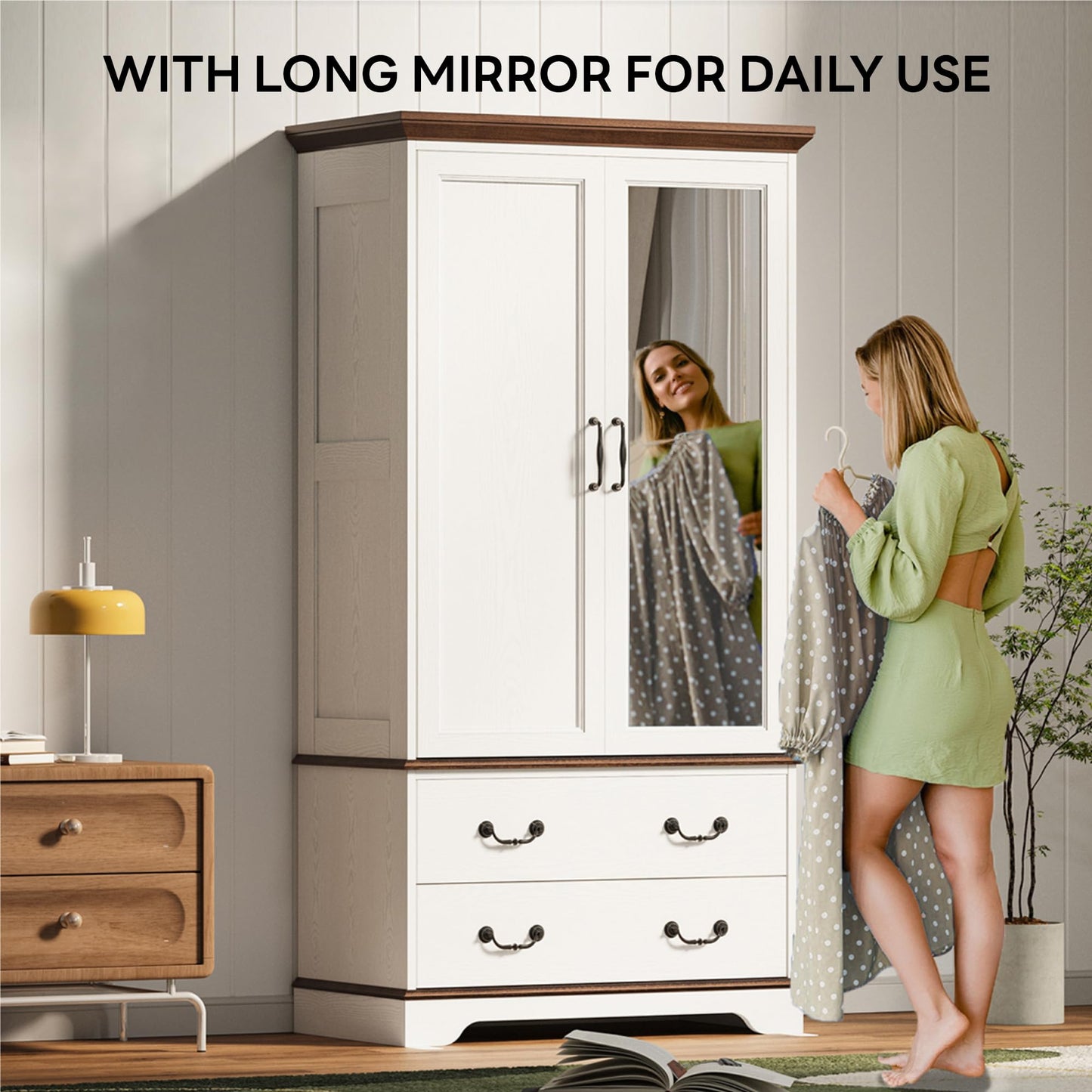 LIKIMIO Armoire Wardrobe Closet with Mirror, 70.1" Wooden Clothing Storage Cabinet with 2 Doors & 2 Drawers, Modern Bedroom Freestanding Wardrobe Combination with Hanging Rod, Cherry with White