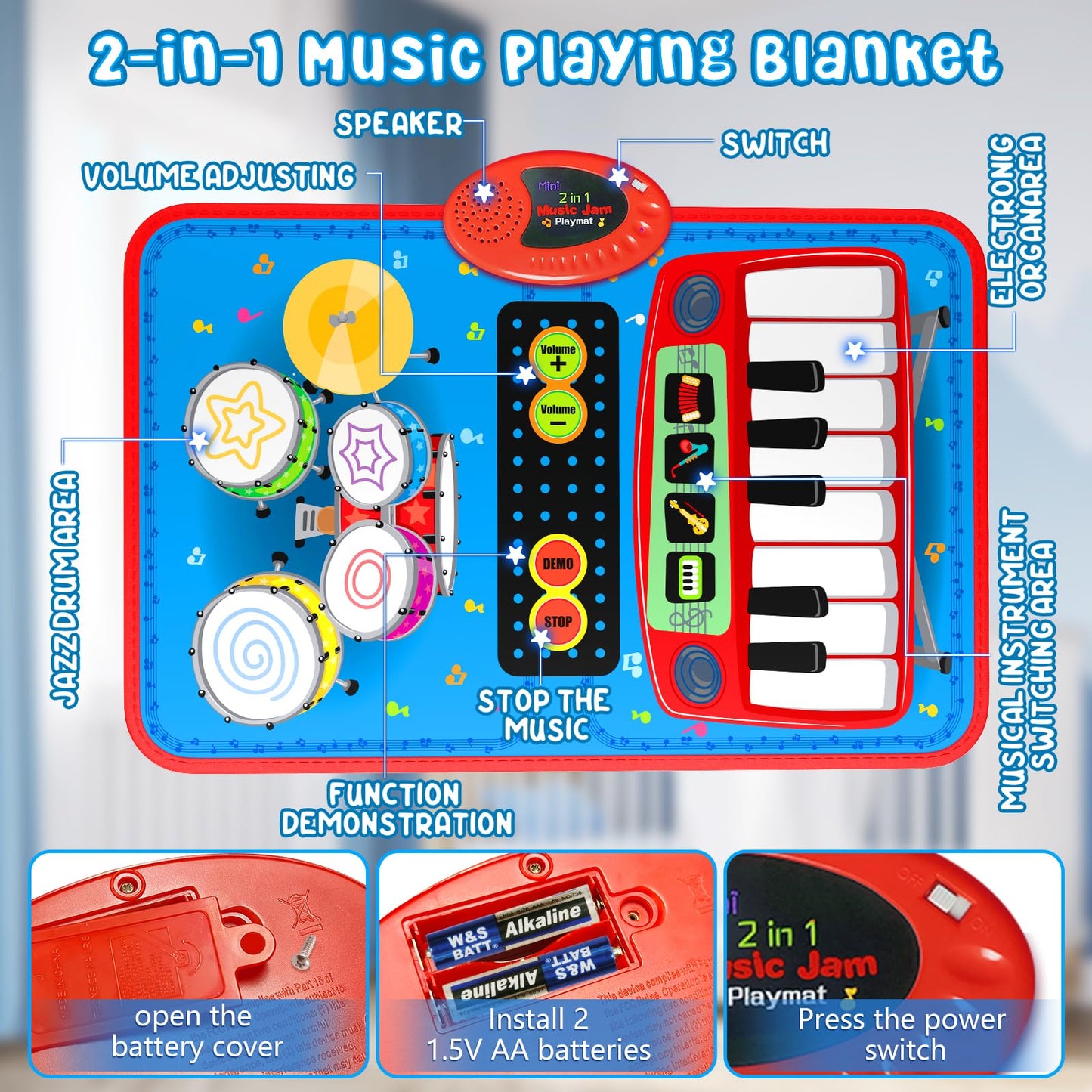 Oripira 2-in-1 Musical Mat Toys for 1 2 3 4 5 Year Old, Piano Keyboard & Drum Set with 2 Drum Sticks, Early Educational Musical Learning Toys Birthday for 1 2 3 4 5 Year Old Boys & Girls, Blue