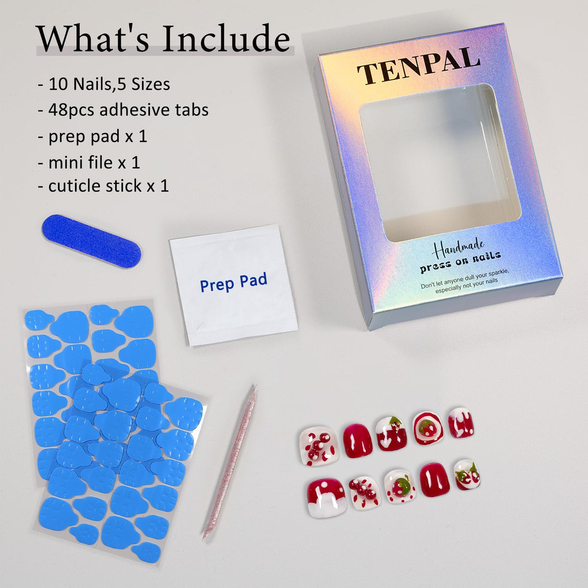 TENPAL Handmade Press on Nails for 3-12 Year Olds Girls,Resuable Gel Fake Nails with Tools for Children,Cute Nails with Lovely Strawberry Designs,Short Nails for Girls Kids Nail Art 10pcs Size(XS)