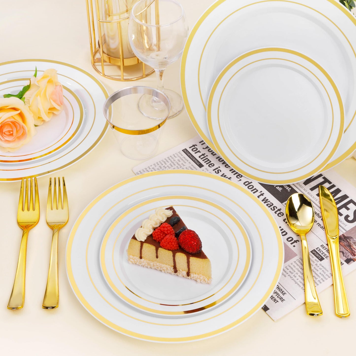 BESTSTAR 100PCS White Plastic Plates for Party, 10.25 Inch Disposable Plates with Gold Rim, Heavy Duty Dinner Plates for Christmas, Thanksgiving, Party, Wedding and Birthday