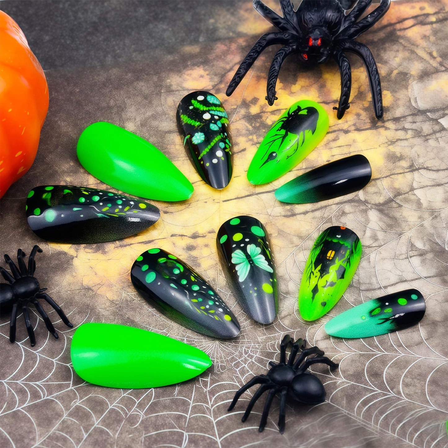 Halloween Press-On Nails Fluorescent Green Skull City Design False Nails Long Almond False Nails Butterfly Spider Acrylic Stickers Nail Gloss Halloween for Women Girls 24pcs