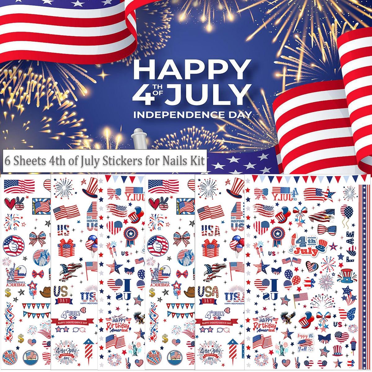 6pcs 4th of July Nail Stickers 3D Nail Decals Independence Day Nail Art Sticker for USA Flags Heart Star Stripe Letters Fireworks Nails Design Adhesive Sticker Patriotic Manicure Decorations for Women