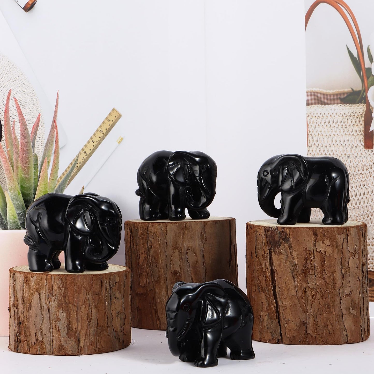 SMQ Black Obsidian Elephant Statue Gifts for Women 2''Crystal Elephant with Trunk Down Carved Lucky Pocket Spiritual Animal Carvings Home Office Desk Ornament