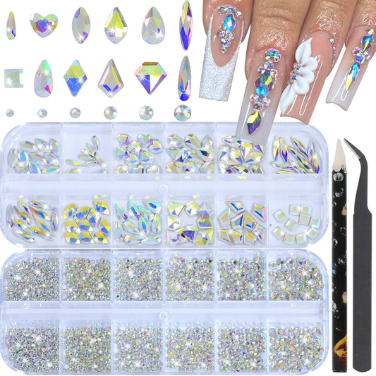 Nail Rhinestones - 3D Multi Shape Size, Flat Back, Manicure Rhinestones Charms, AB Gems, with Kit, for Nail Art, Bedazzling Acrylic Nails, DIY Decor