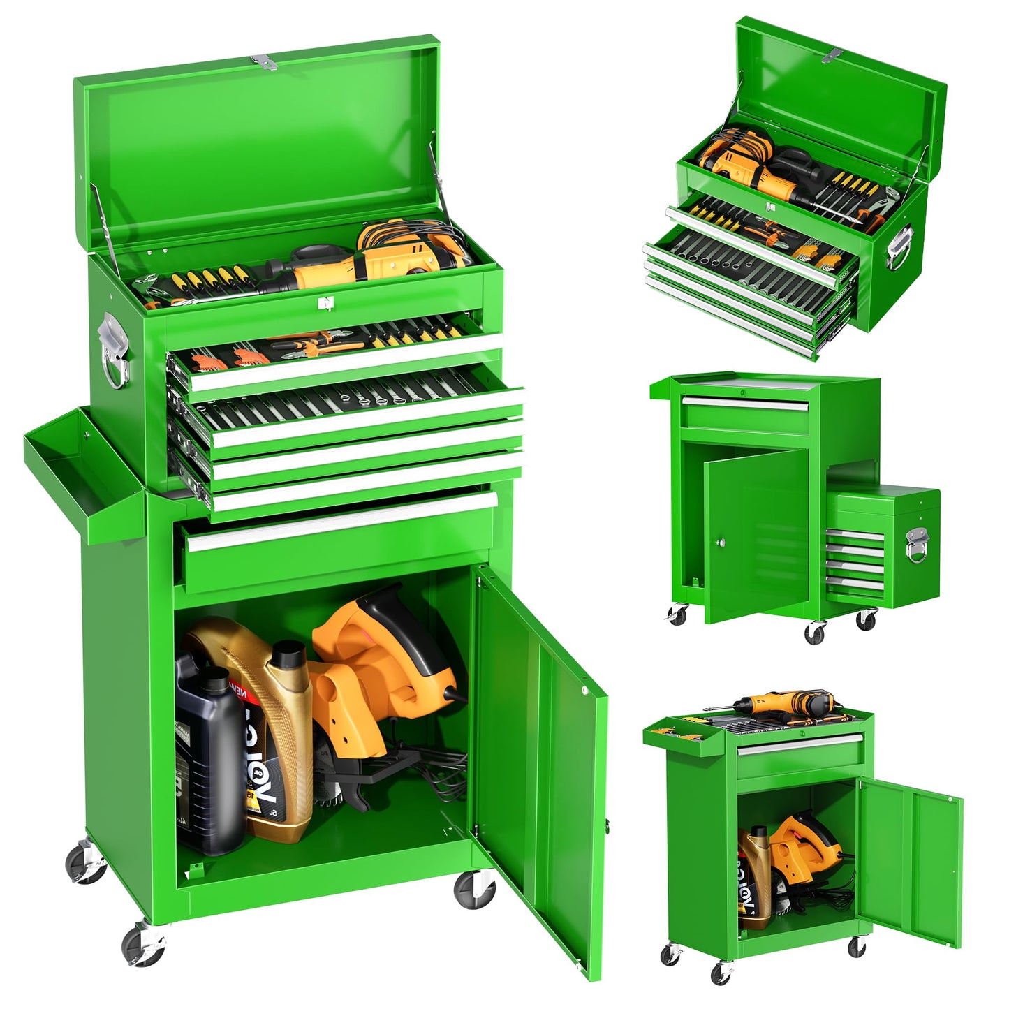 INTERGREAT 5-Drawer Rolling Tool Chest with Detachable Top Tool Box, Universal Lockable Wheels, Metal Tool Chest for Garage, Workshop, Barbershop (Green)