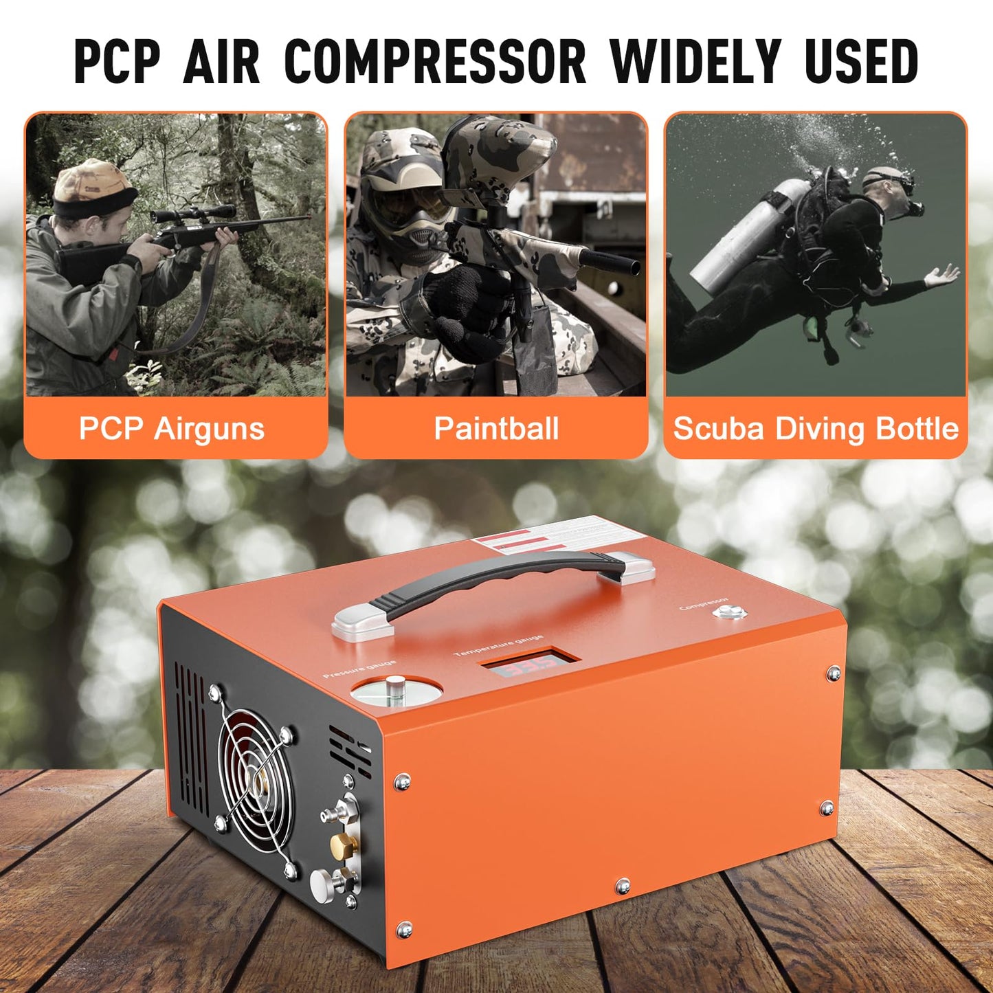 PCP Air Compressor, 4500PSI/30Mpa Scuba Tank Compressor, DC12V/AC120V PCP Airgun Compressor Auto-stop, Oil/Water-Free High Pressure Air Compressor Pump for Paintball, Air Rifle, Built-in Fan Cooling