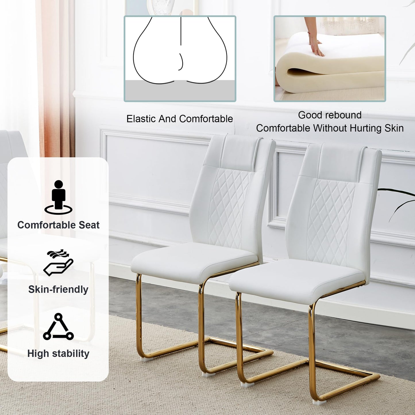 JEARGE Glass Dining Table Set for 6, Modern Kitchen Table Set for 6, 71" Tempered Glass Tabletop with U-Shaped Gold Base, 7 Ppiece Large Dining Room Table Set with White PU Leather Chairs