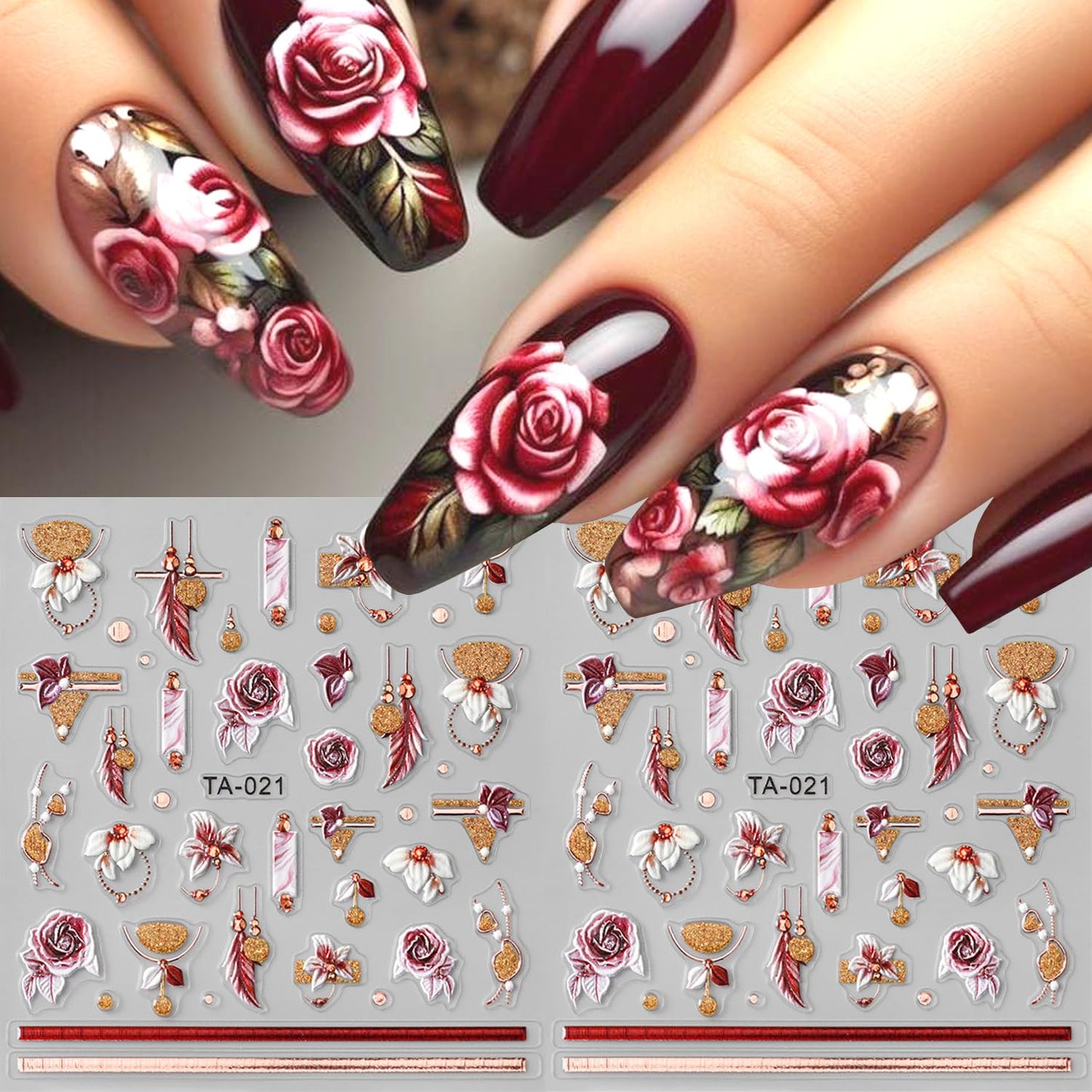 2Sheets 5D Embossed Flower Nail Art Stickers Self-Adhesive Smudge Rose Flowers Feather Nail Decals with Rhinestone Design Nail Sticker Cute Floral French Nail Decal for Women Autumn Winter Nails Decor