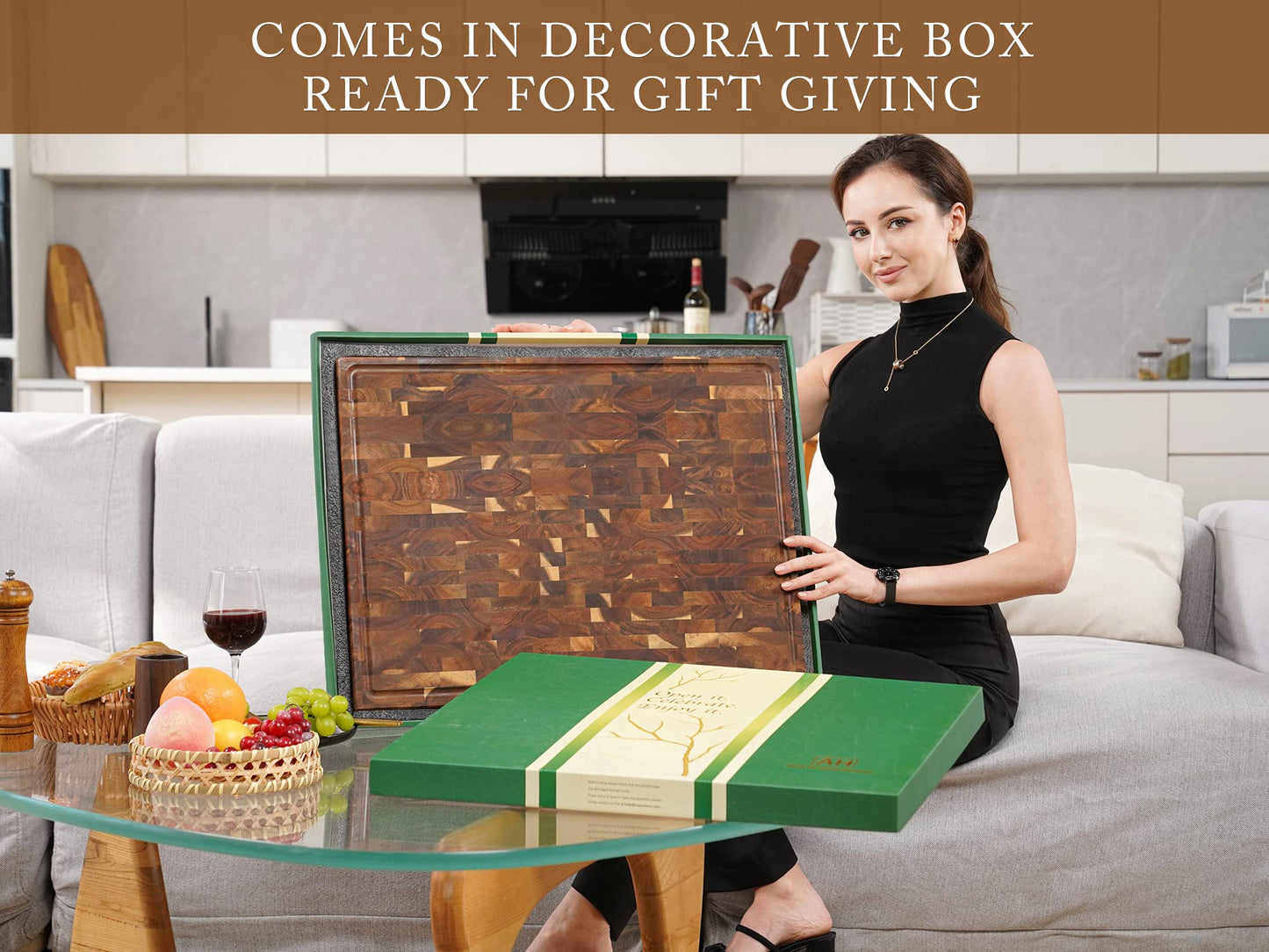 AZRHOM Thick End Grain Acacia Wood Cutting Board 24x18x2 In, Wooden Butcher Block, Chopping Board For Kitchen with Juice Groove Handles Non-Slip Pats (Gift Box)