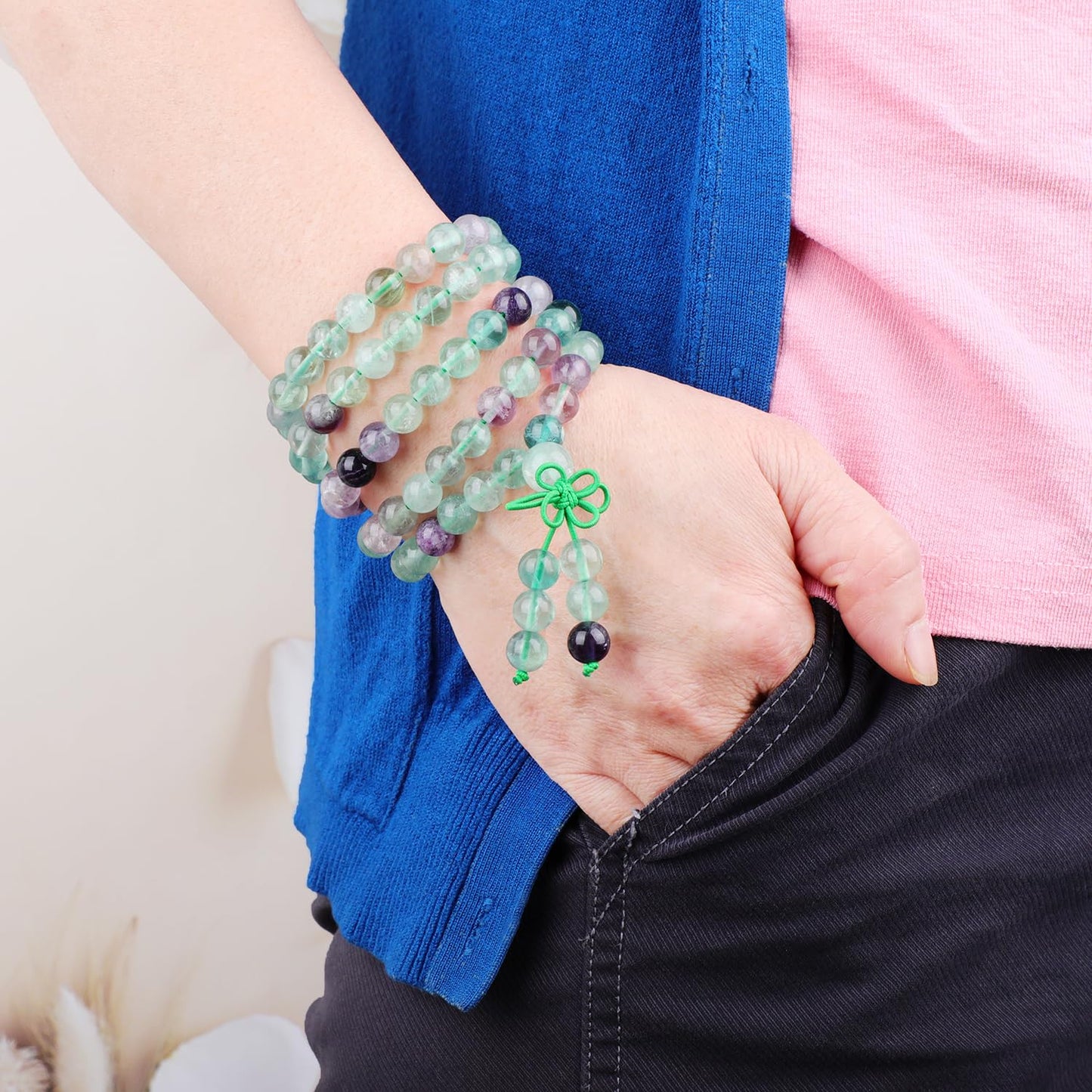 AD Beads 8mm 108 Prayer Mala Fluorite Elastic Bracelet - Wisdom and Creativity - Handmade Yoga Meditation Healing Power Energy Gifts for Unisex Adult.