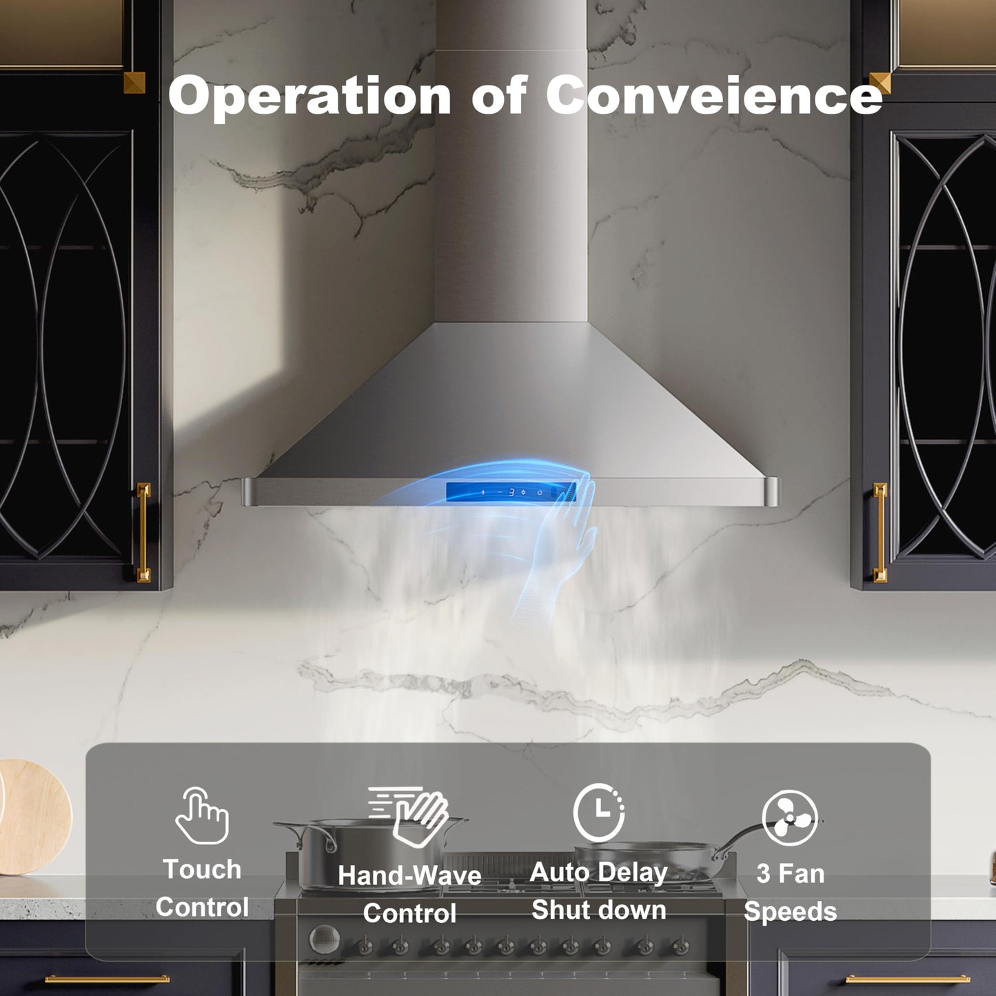 EVERKITCH Wall Mount 30inch Range Hood with 900CFM, Dual Fans, 3-speed Gesture Sensing & Touch Control, Ducted and Ductless Stainless Steel Kitchen Vent Hood with Permanent Baffle Filters