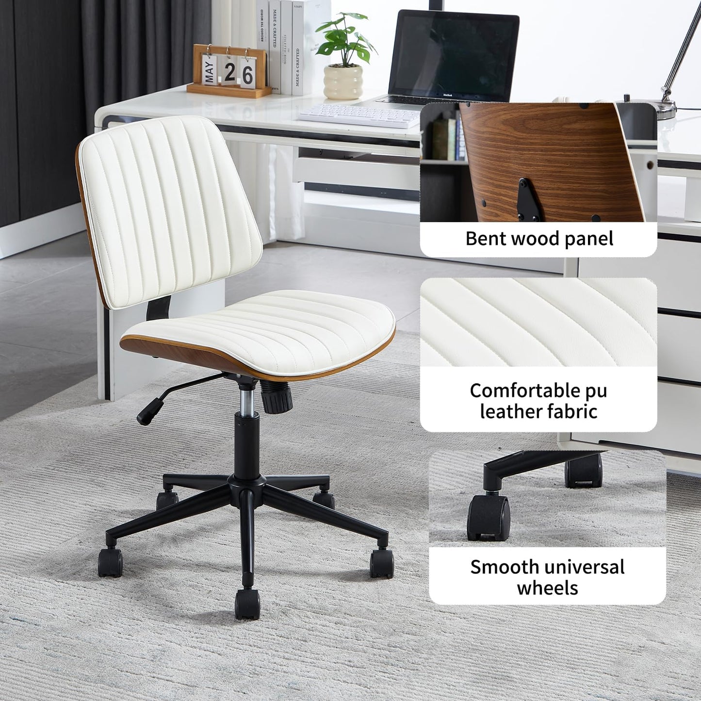 VipDesk Small Home Office Chair - Armless Mid Back Desk Chair with 360° Swivel and Wheels, PU Upholstered Height Adjustable Modern Walnut Computer Chair for Home, Office Meeting Room - Black