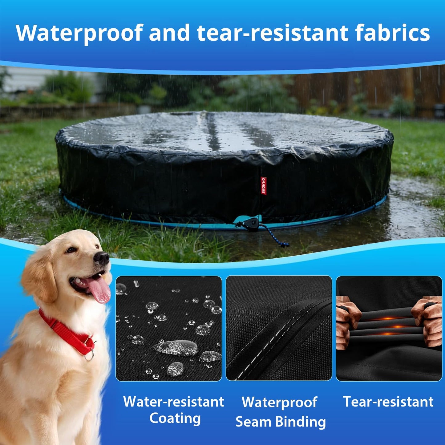 QH.HOME 63-64 inch Kiddie Pool Cover Round, Collapsible Dog Pool Cover with Super Windproof Ratchet Design, Odorless Waterproof Fabric Material and - Only Cover