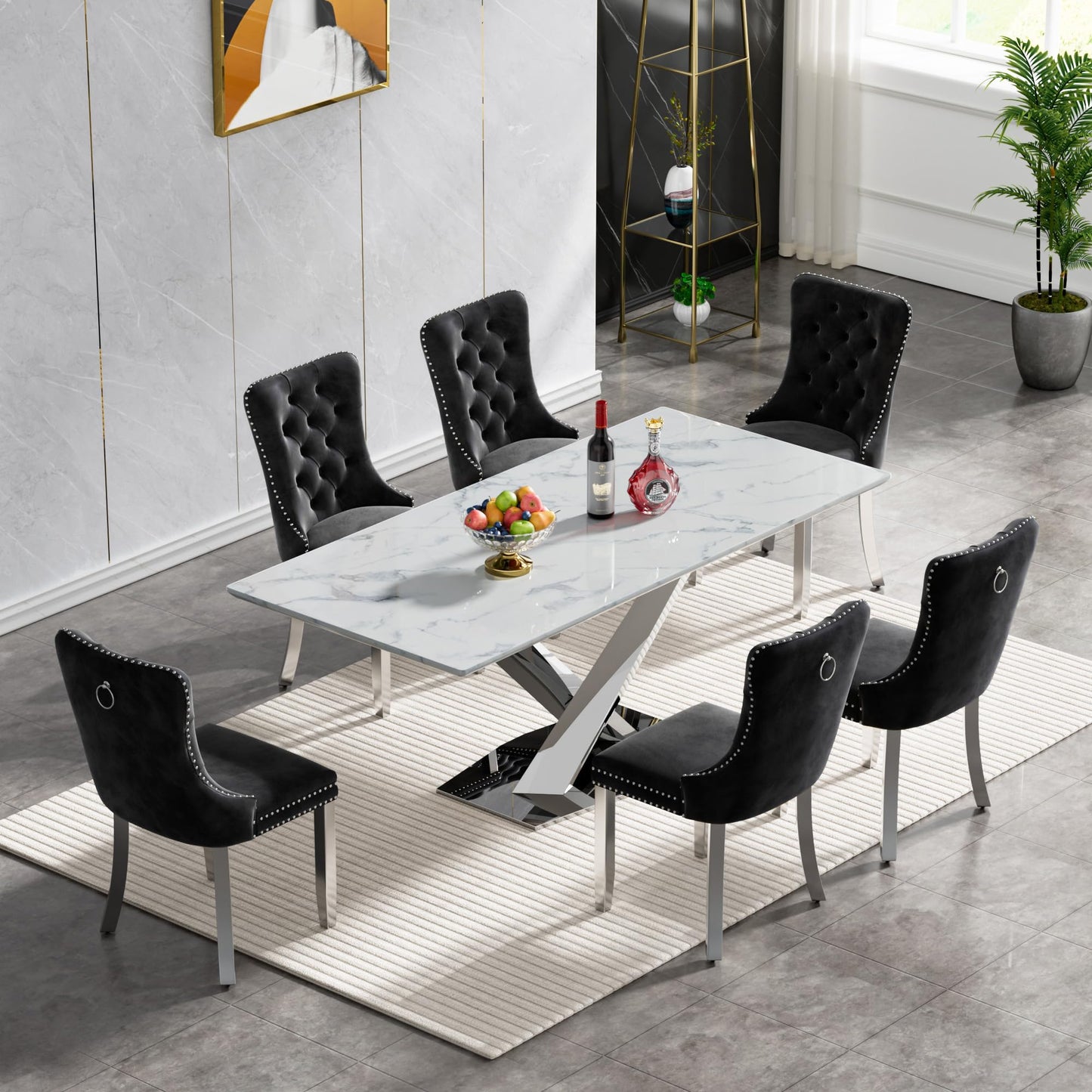 Pvillez 7 Piece Faux Marble Dining Table Set for 6, 70" White Silver Kitchen Table Set with X-Shape Stainless Steel Base, Modern Dining Room Table Set with 6 Black Velvet Chairs for Kitchen Dining