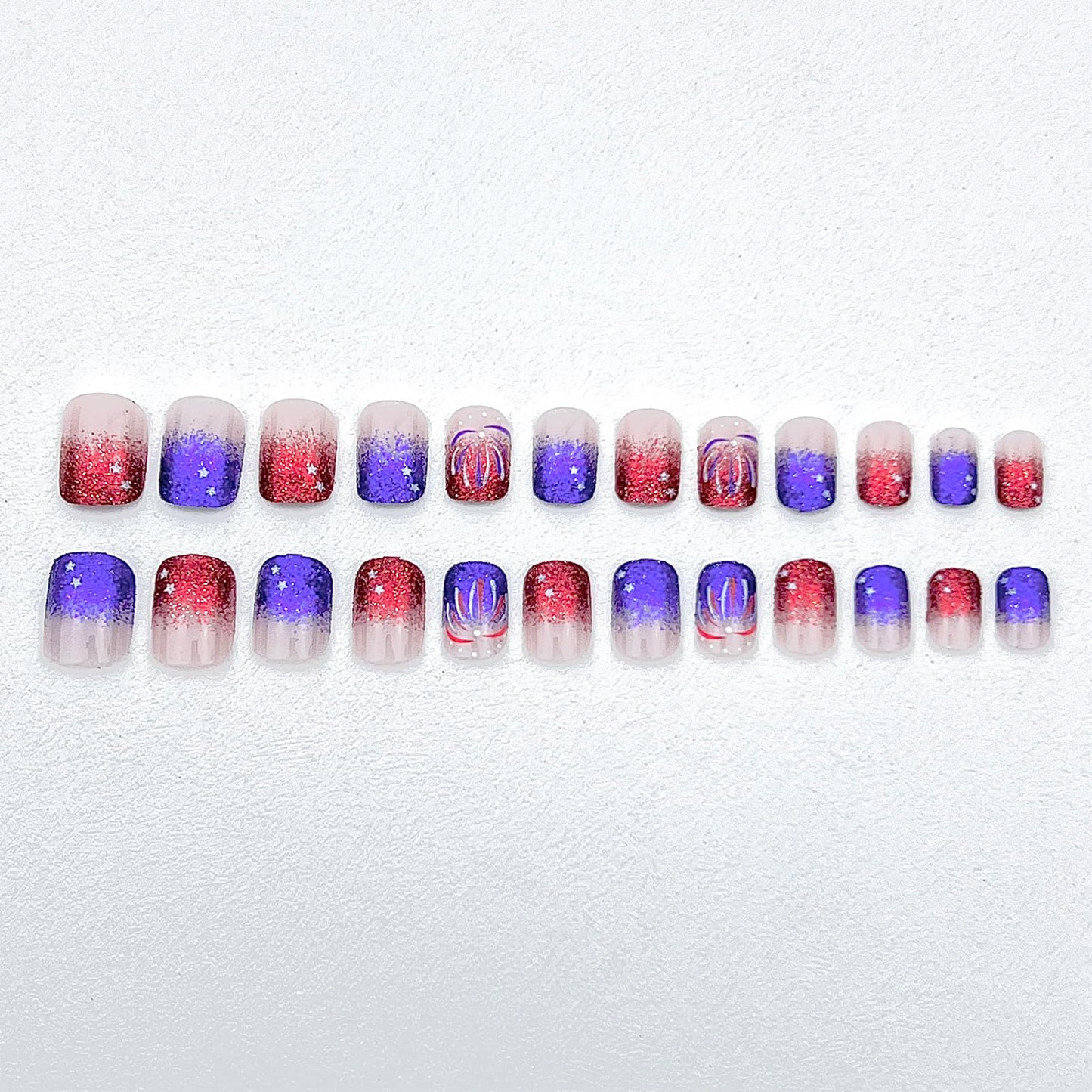 4th of July Glitter Fireworks Press on Nails Short Square Fake Nails Independence Day French Tips Design False Nails Full Cover Glossy Patriotic Stars for Women Decoration 24Pcs