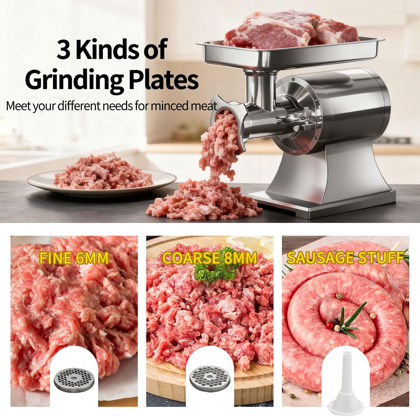 Heavy Duty Commercial Meat Grinder Machine 1.5 HP, 1100W, 330LB/h Stainless Steel Electric Meat Mincer with 2 Blades & Meat Pusher Ideal for Home Kitchen, Hotel, Restaurant