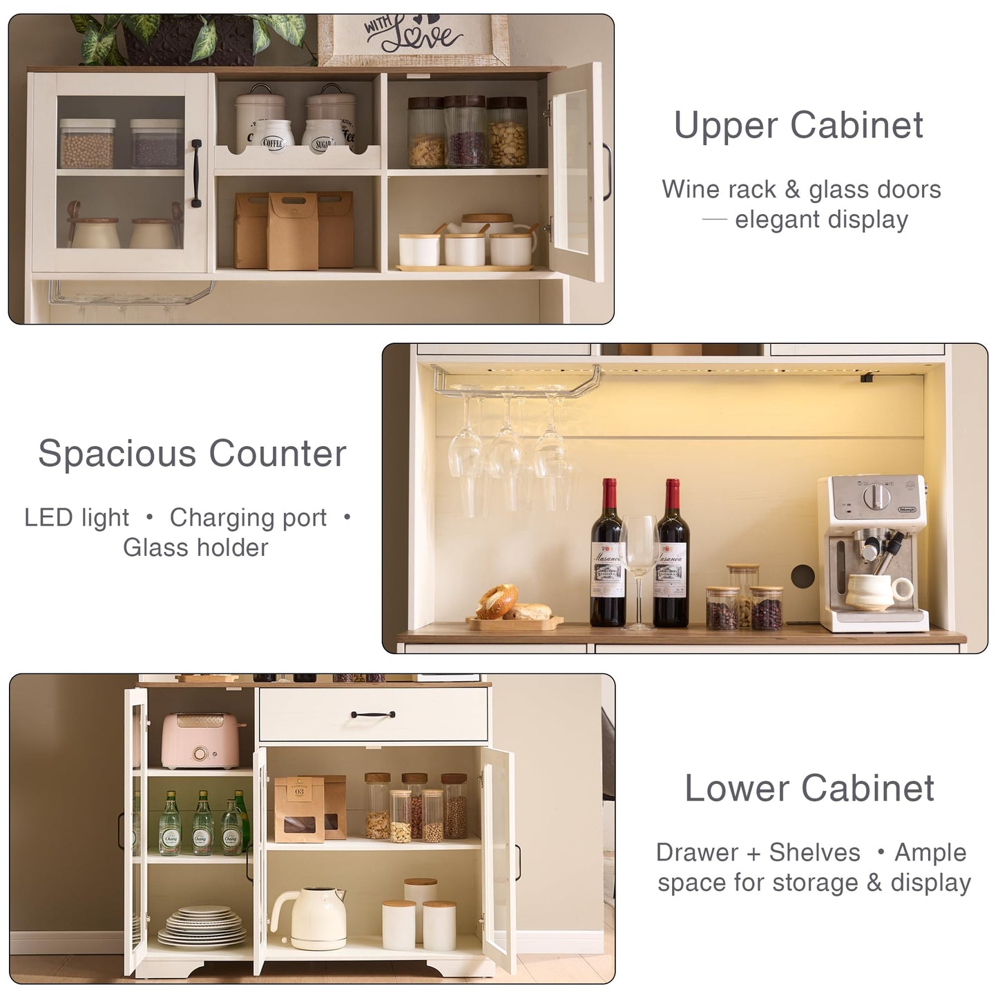 Fatmok 71" Tall Pantry Cabinet, Coffee Bar Storage Cabinet with Charging Station & LED Lights, Kitchen Hutch Food Pantry Cabinet with Wine Rack, Drawer, Adjustable Shelves & Microwave Stand, White