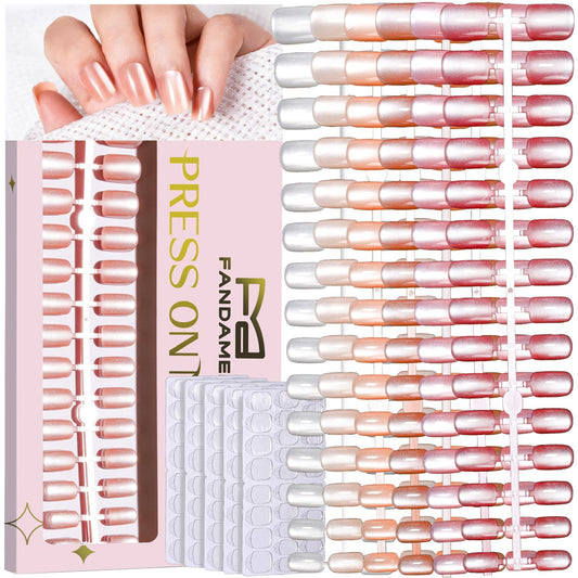 FANDAMEI Press on Nails Cat Eye, 6 Colors Short Press on Nails Kit, Glossy Cat Eye Nails Short for Women, Natural Fit Fake Tips for Women, Glue on Nails with Glue Adhesive Tabs