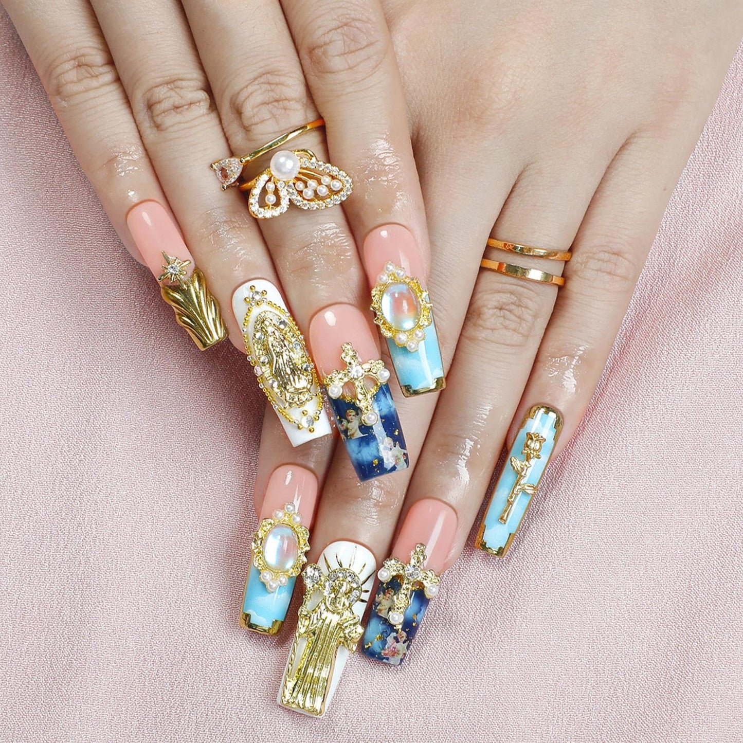 Handmade 3D Green-Pink-Gold Royal Retro Gem Square Press On Nails, Luxury Rhinestone Noble Style Artisan Nails Set, Reusable Glossy Press-ons with Tool Kit(S)