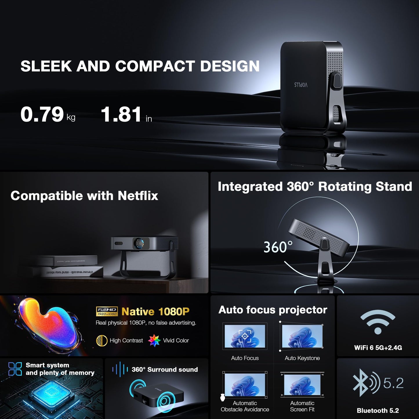 【Officially-Licensed APP & Native 1080P】Thinnest 1.81" Smart Mini Projector with WiFi and Bluetooth, Auto Focus & Keystone Portable Outdoor Projector, VOPLLS 4K Support Home Movie Projector