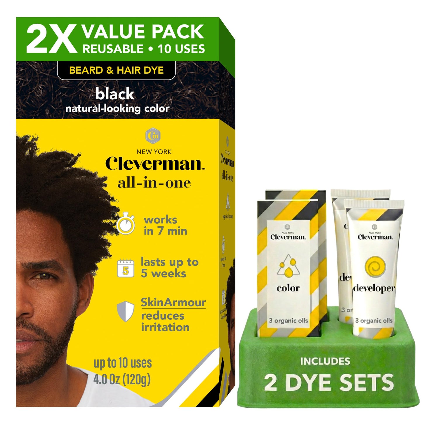2X Reusable Hair & Beard Dye for Black Men â Black 1.0 | Up to 10 Uses, 7 Minutes | Natural Gray Coverage, No-Drip Cream with SkinArmourÂ® â Cleverman