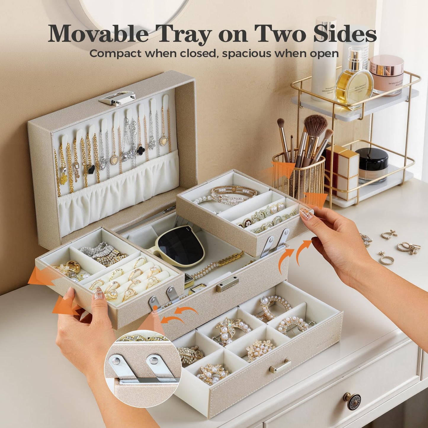 Dajasan Jewelry Organizer Box, Large Jewelry Boxes for Women Girls, Space-Saving 3 Layers Jewelry Storage Case with Drawer, Movable Metal Stand, Modern, Gift Idea (Champagne)